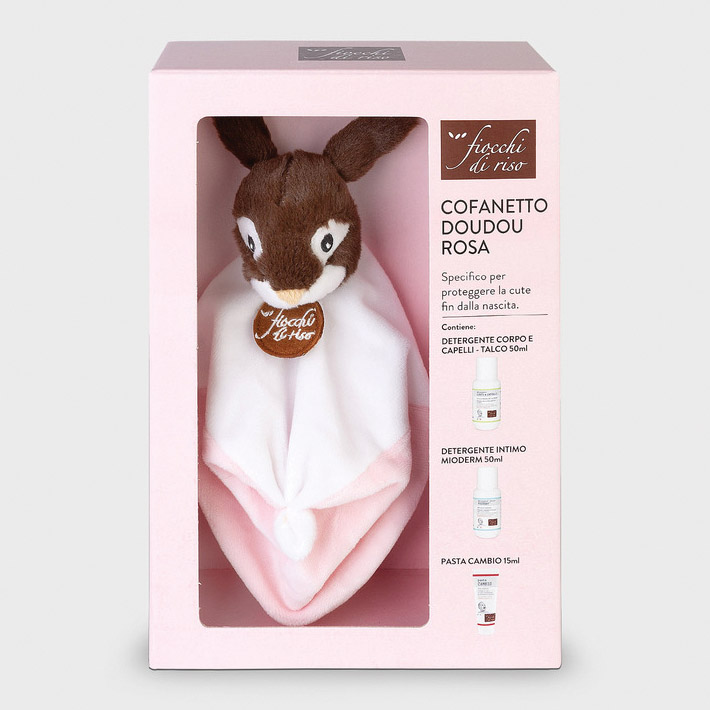 Fiocchi di riso cofanetto doudou bimba rosa minisize pasta cambio 15 ml + minisize intimo mioderm 50 ml + minisize detergente corpo capelli talco 50 ml + doudou fiocco rosa