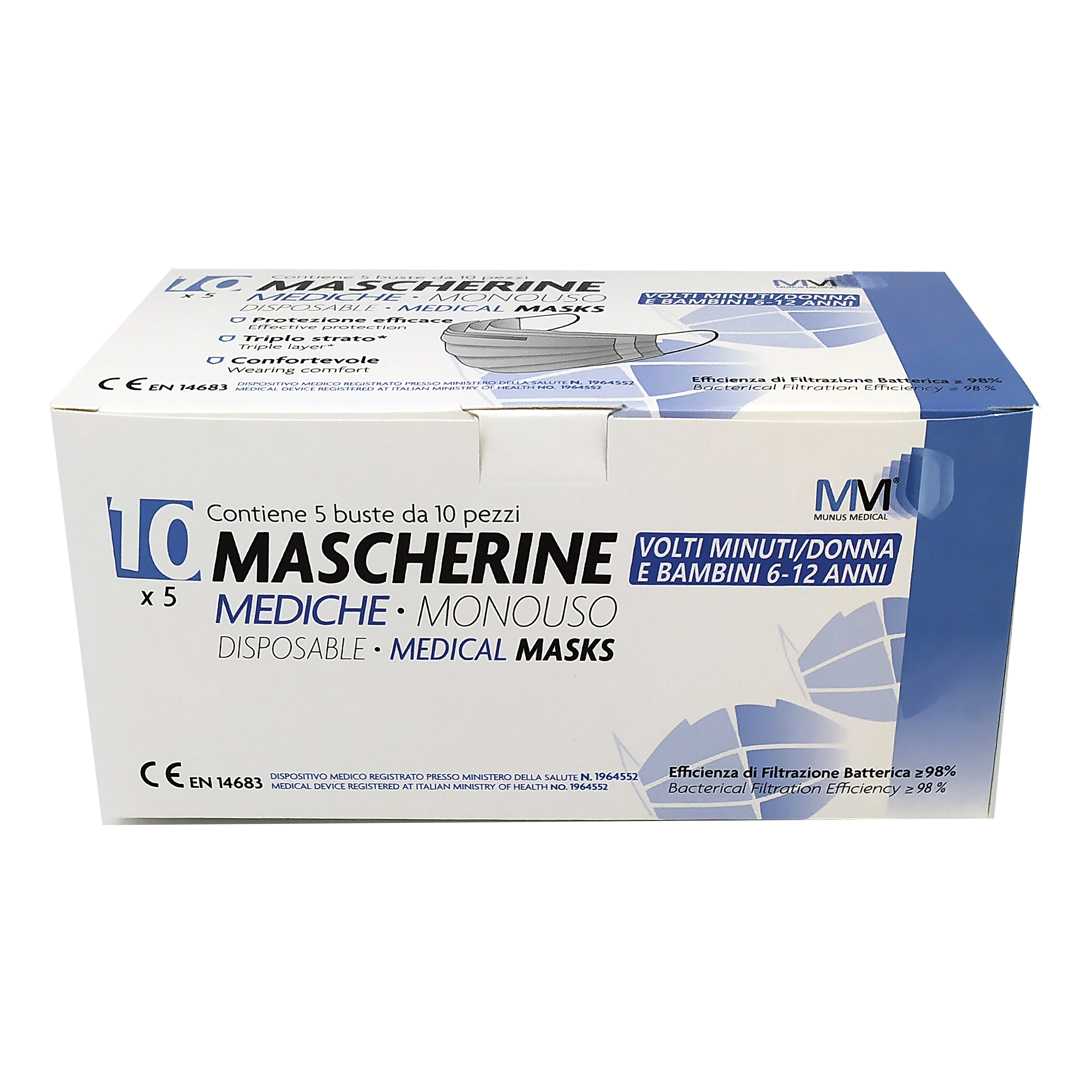 Mascherina chirurgica munus medical taglia piccola bambini 6-12 anni tipo ii 10 pezzi