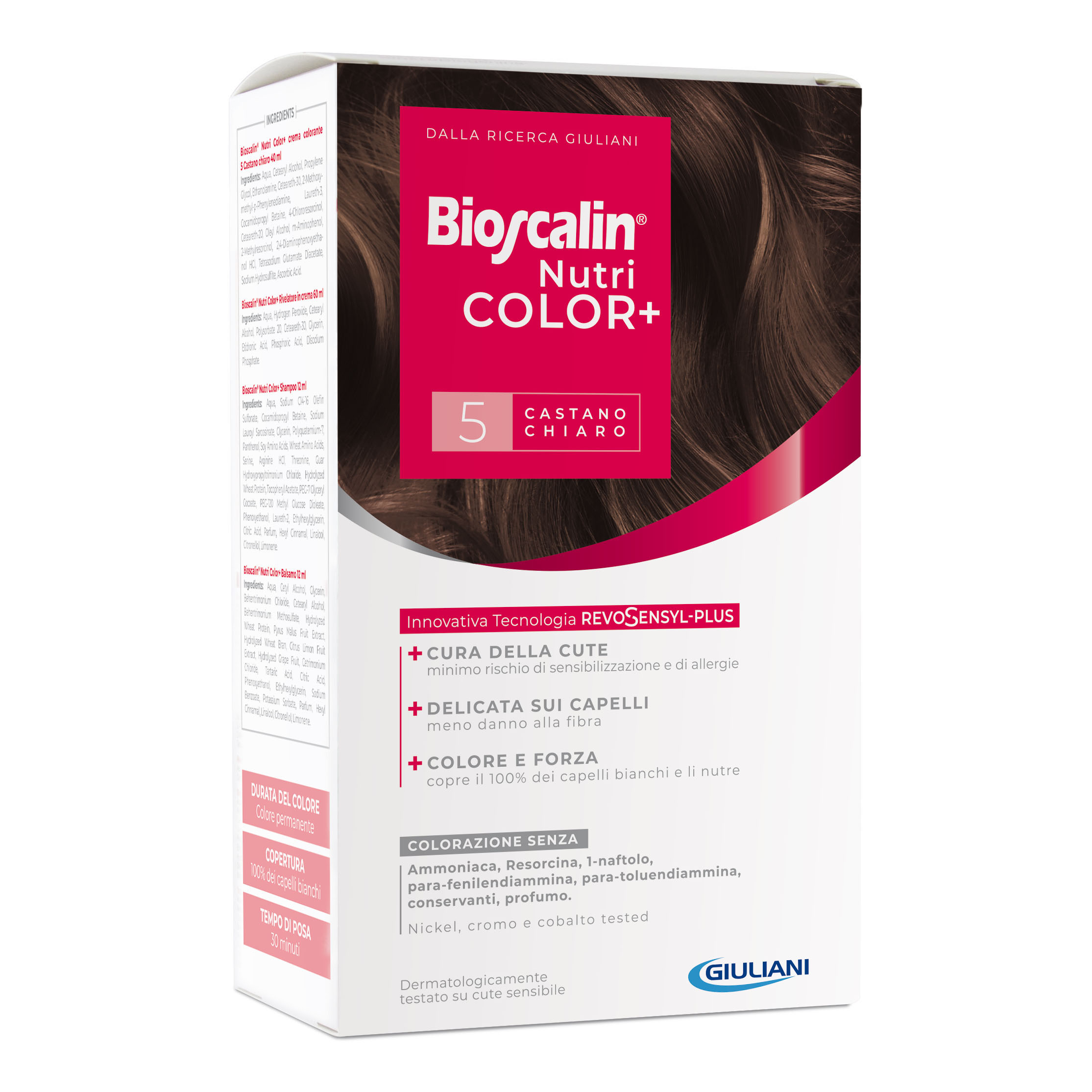 Bioscalin nutricolor plus 5 castano chiaro crema colorante 40 ml + rivelatore crema 60 ml + shampoo 12 ml + trattamento finale balsamo 12 ml
