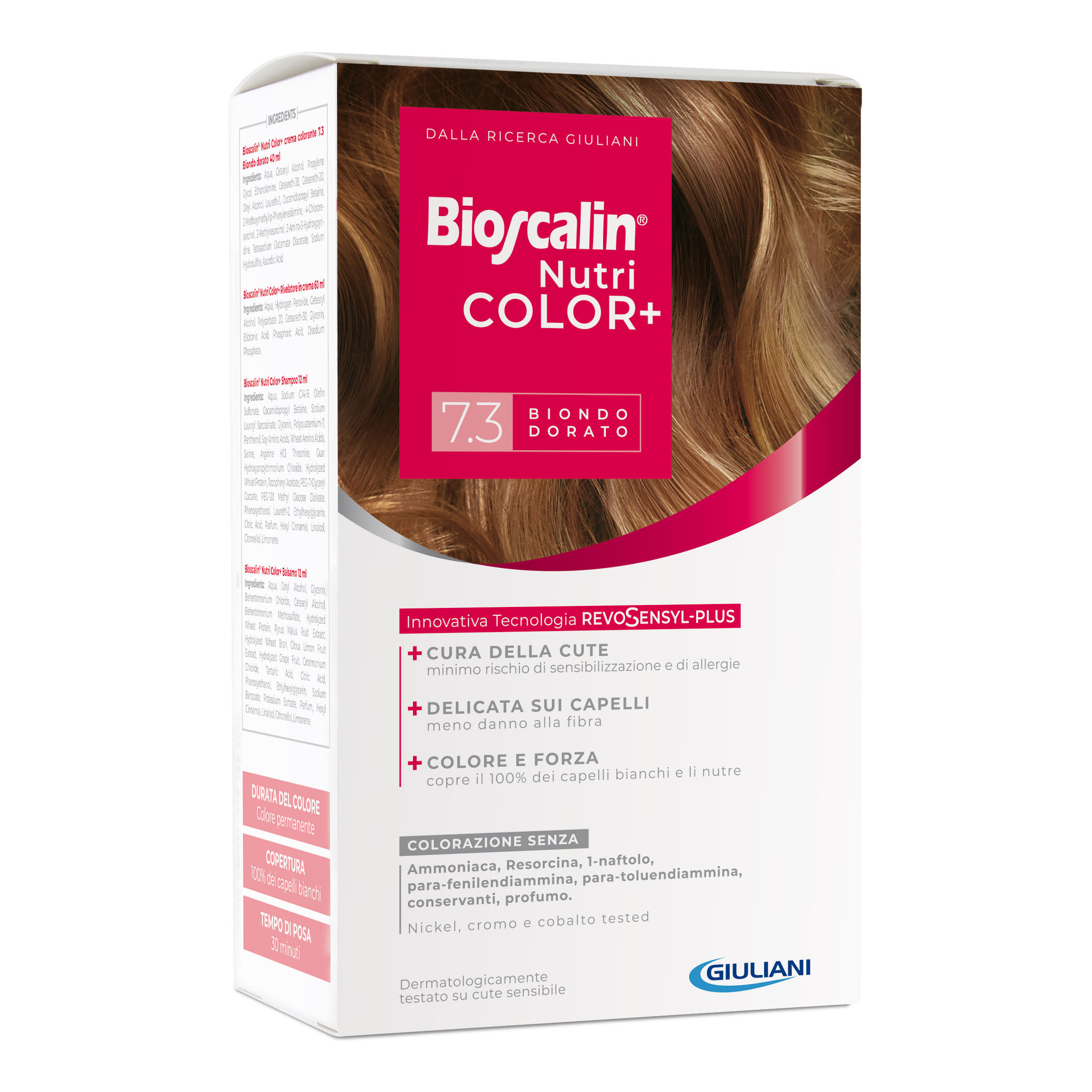 Bioscalin nutricolor plus 7,3 biondo dorato crema colorante 40 ml + rivelatore crema 60 ml + shampoo 12 ml + trattamento finale balsamo 12 ml