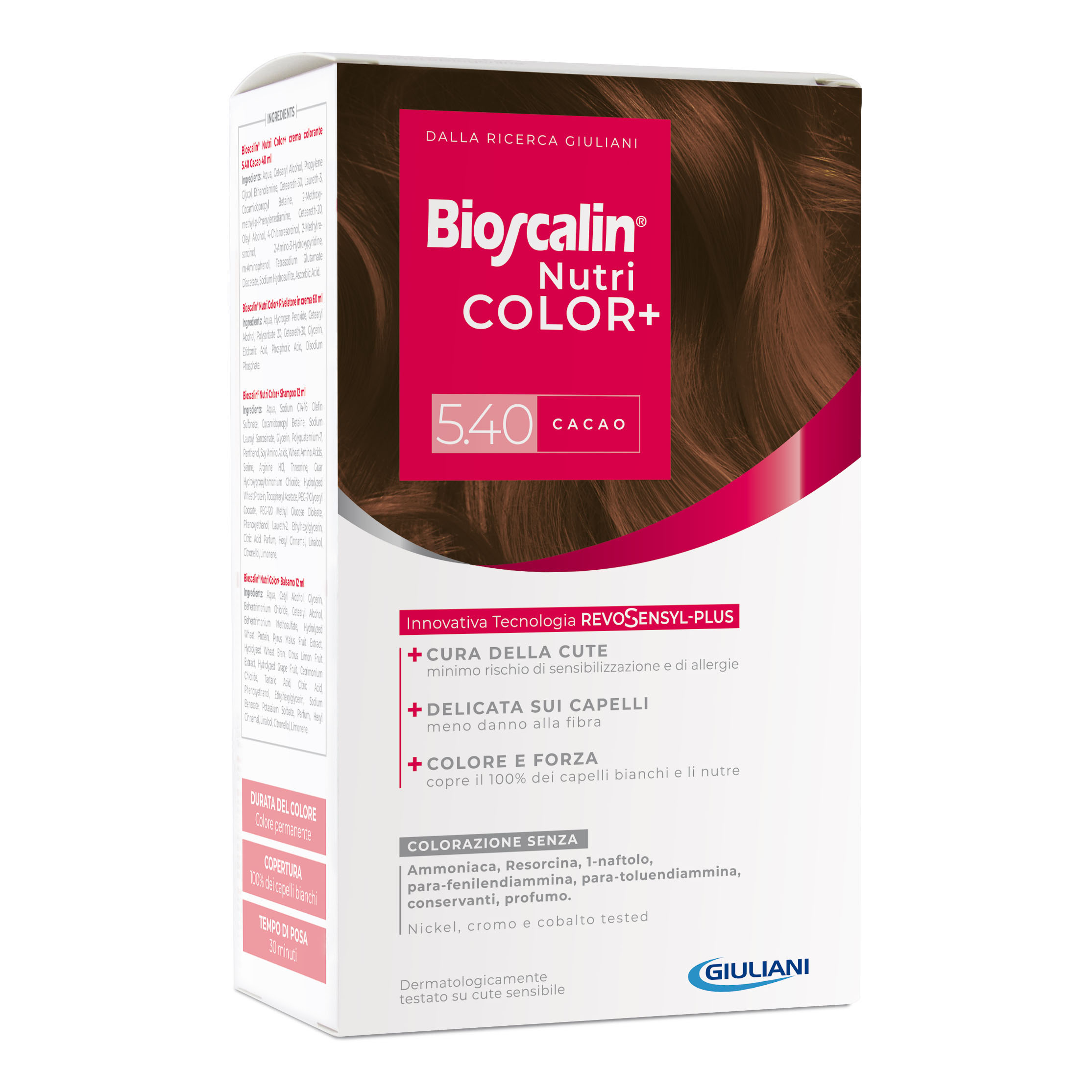 Bioscalin nutricolor plus 5,40 cacao crema colorante 40 ml + rivelatore crema 60 ml + shampoo 12 ml + trattamento finale balsamo 12 ml