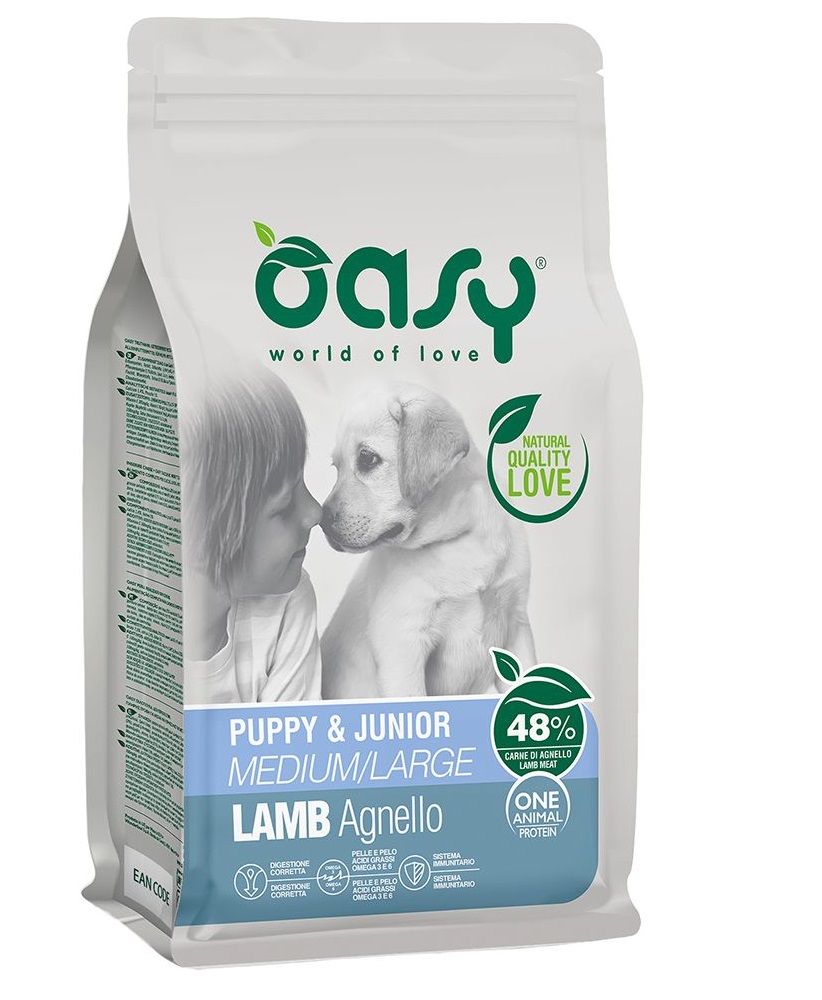 Oasy Cane Oap Puppy&amp;Junior Medium&amp;Large Agnello 12 Kg New Pack