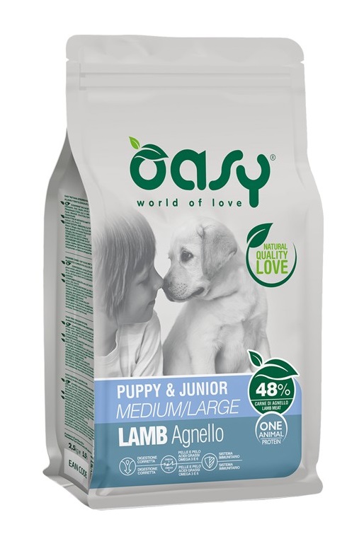 Oasy Cane Oap Puppy&amp;Junior Medium&amp;Large Agnello 2,5 Kg New Pack