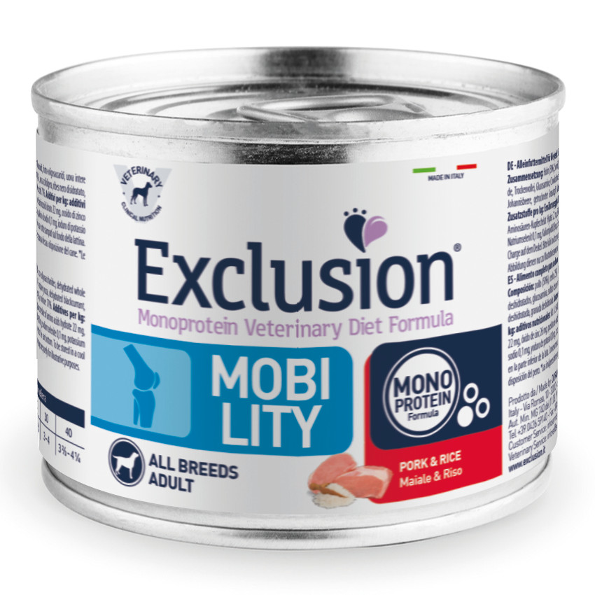 Exclusion Cane Diet Mobility Adulto All Breeds Maiale &amp; Riso Lattina 200 Gr