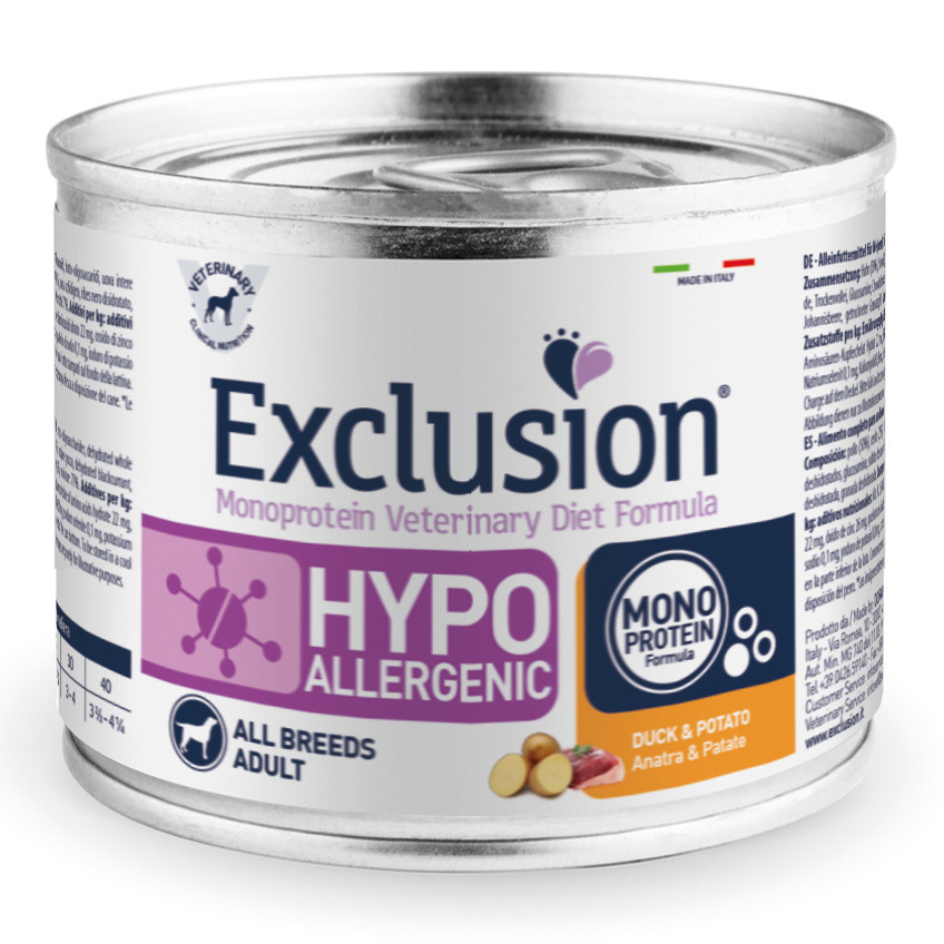 Exclusion Cane Diet Hypoallergenic Adulto All Breeds Anatra &amp; Patate Lattina 200 Gr Temporaneamente Mancante Dall'Azienda Produttrice