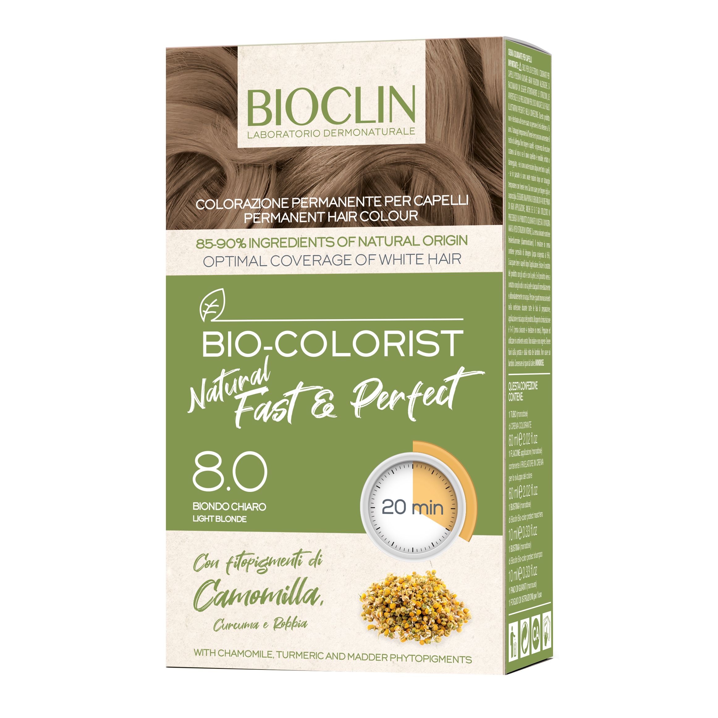 Bioclin bio color fast&amp;perfection 8,0 biondo chiaro crema colorante 60 ml + rivelatore in crema 60 ml + bio color shampoo 10 ml + bio color maschera 10 ml
