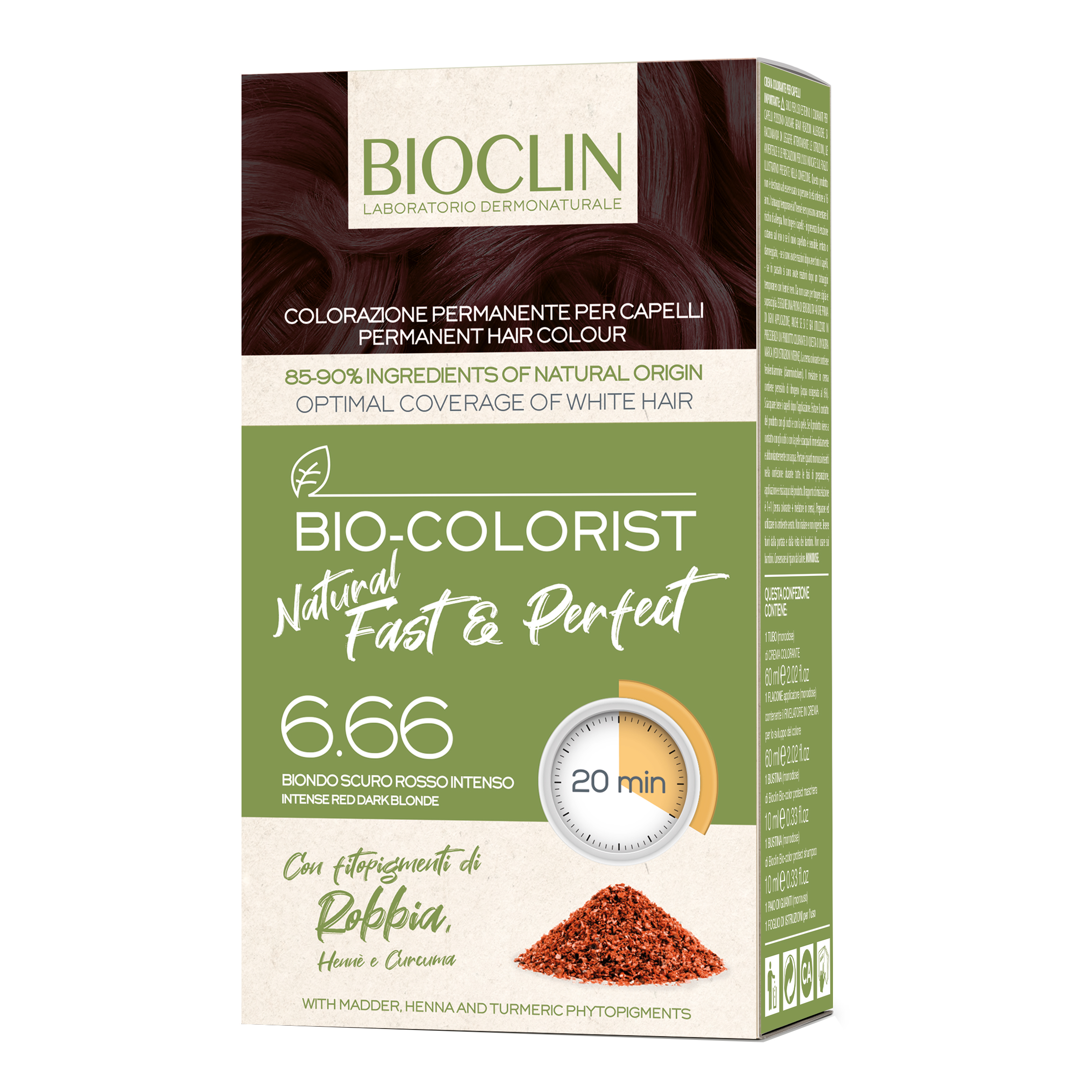 Bioclin bio color fast&amp;perfection 6,66 biondo scuro rosso intenso crema colorante 60 ml + rivelatore in crema 60 ml + bio shampoo 10 ml + bio color maschera 10 ml