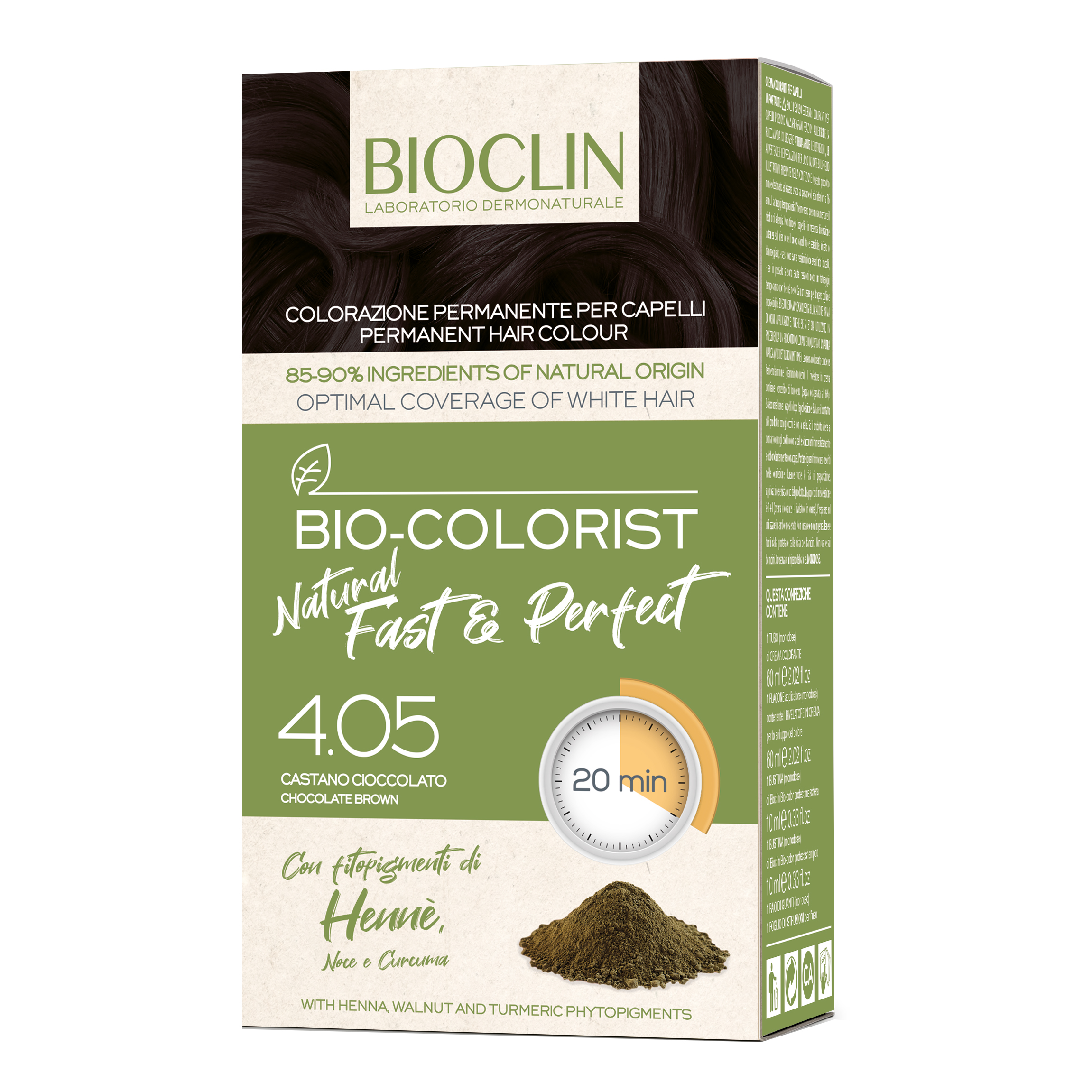 Bioclin bio color fast&amp;perfection 4,05 castano scuro cioccolato crema colorante 60 ml + rivelatore in crema 60 ml + bio color shampoo 10 ml + bio color maschera 10 ml