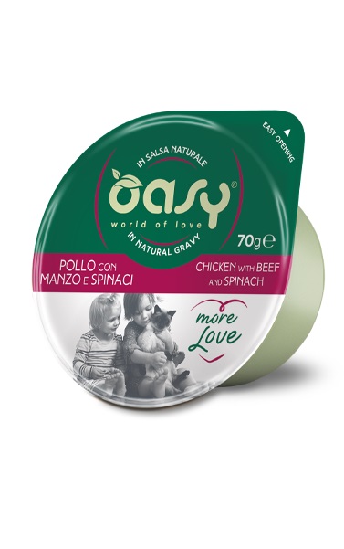 Oasy Gatto More Love In Cup Adulto Pollo, Manzo & Spinaci 70 Gr