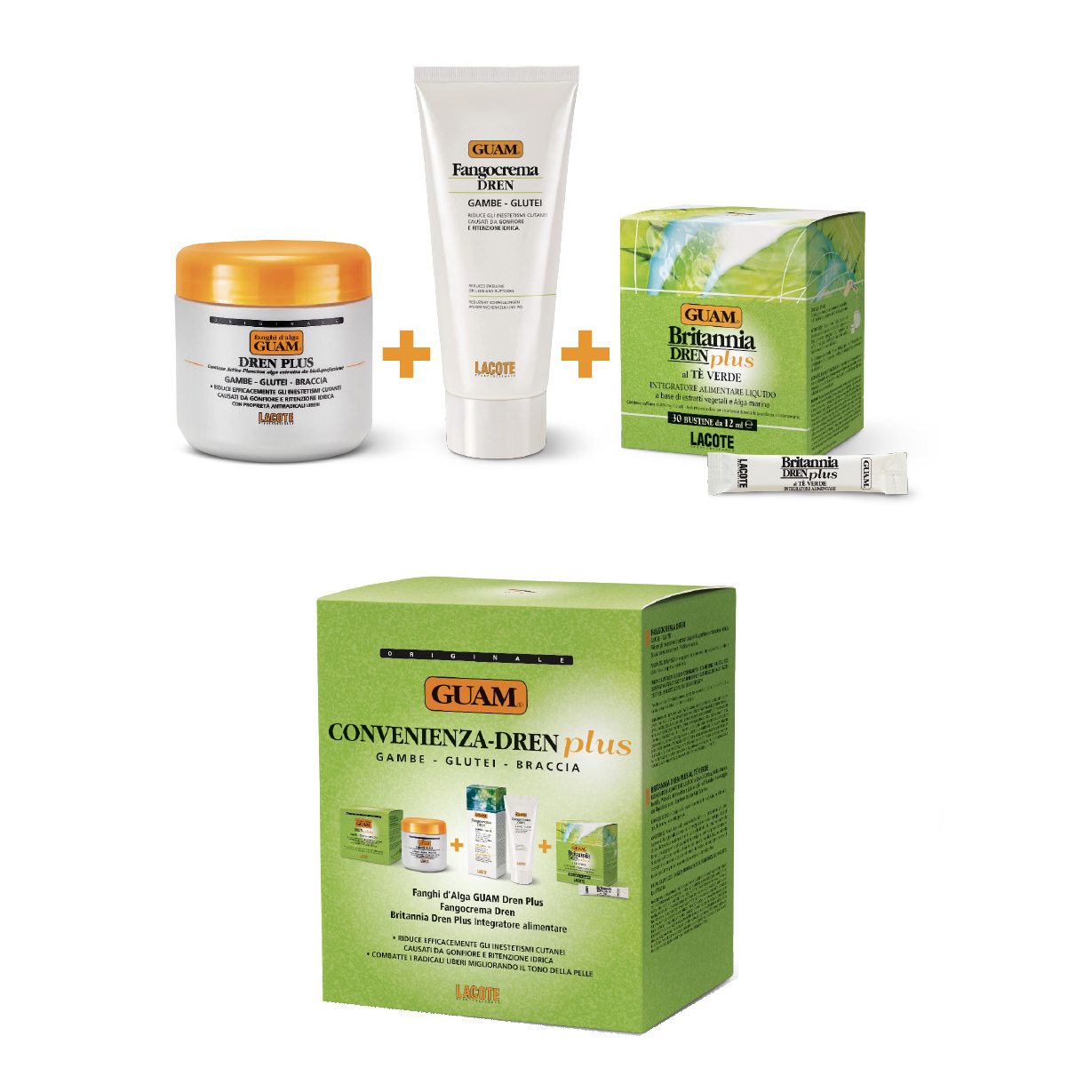 Kit convenienza cellulite 1 fanghi d'alga guam 500 g + 1 crema anticellulite bioactivity 200 ml + 1 britannia cell 30 bustine