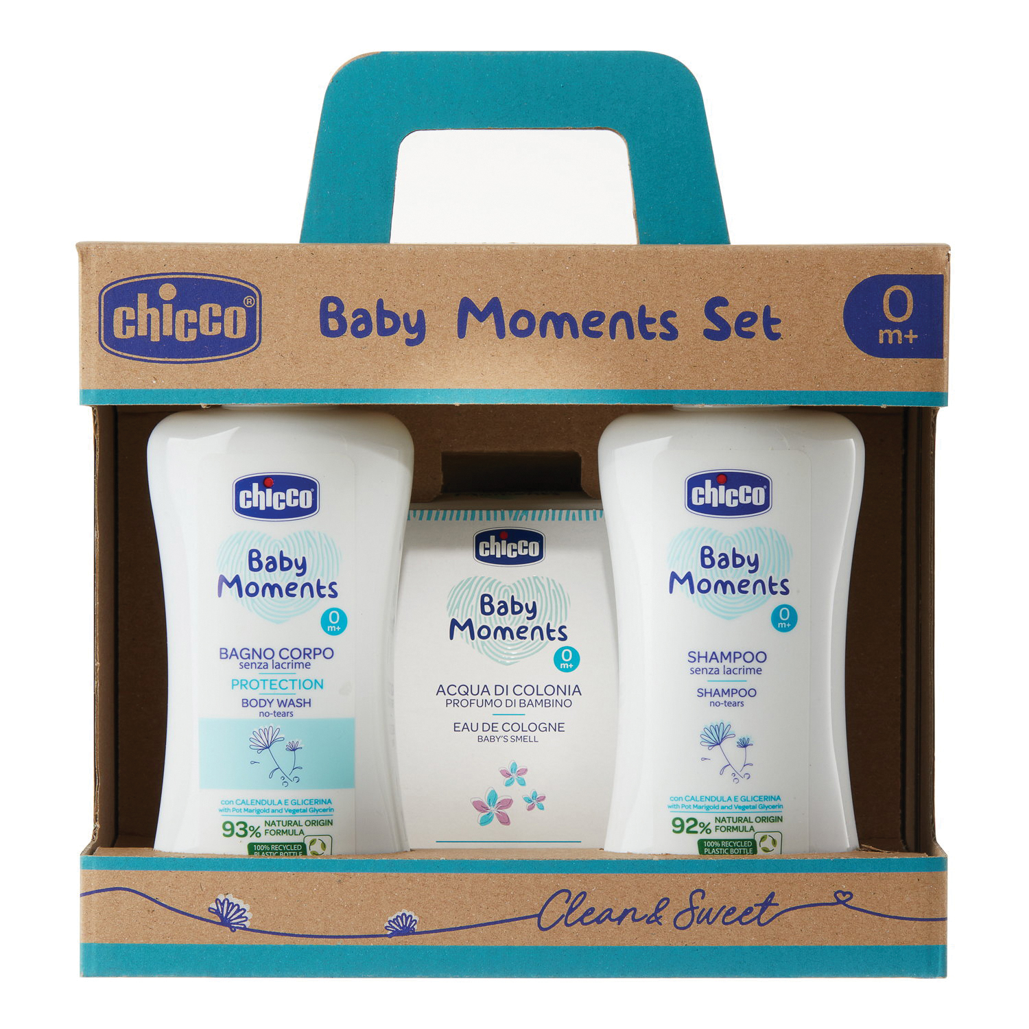 Chicco baby moments set bagnoschiuma pelli delicate 200 ml + shampoo pelli delicate 200 ml + acqua di colonia baby smell pelli delicate 100 ml