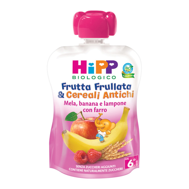 HIPP BIO FRUTTA FRULLATA&amp;CEREALI ANTICHI MELA BANANA LAMPONE FARRO 90 G