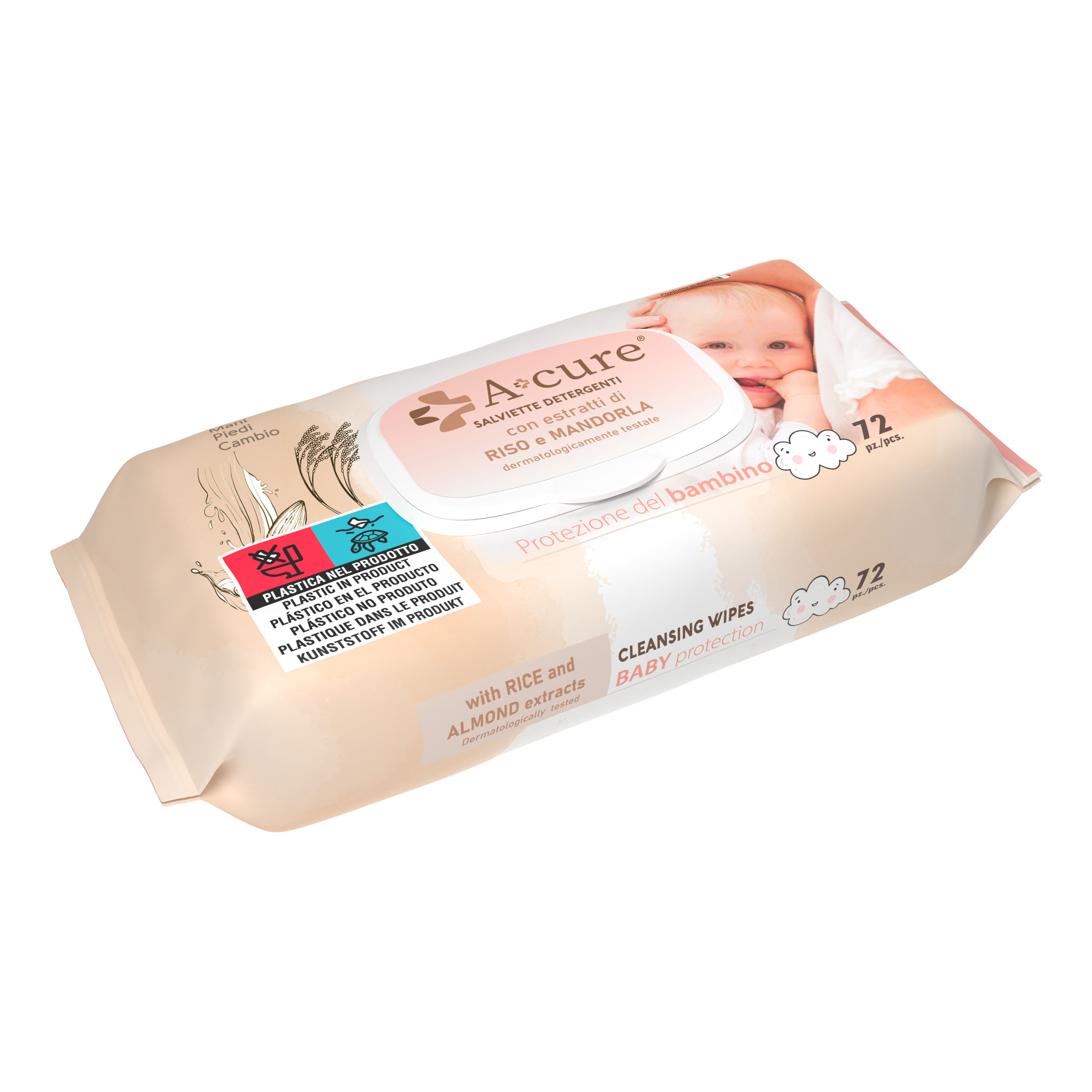 A+cure baby salviettine pop-up riso&amp;mandorla 72 pezzi ricarica