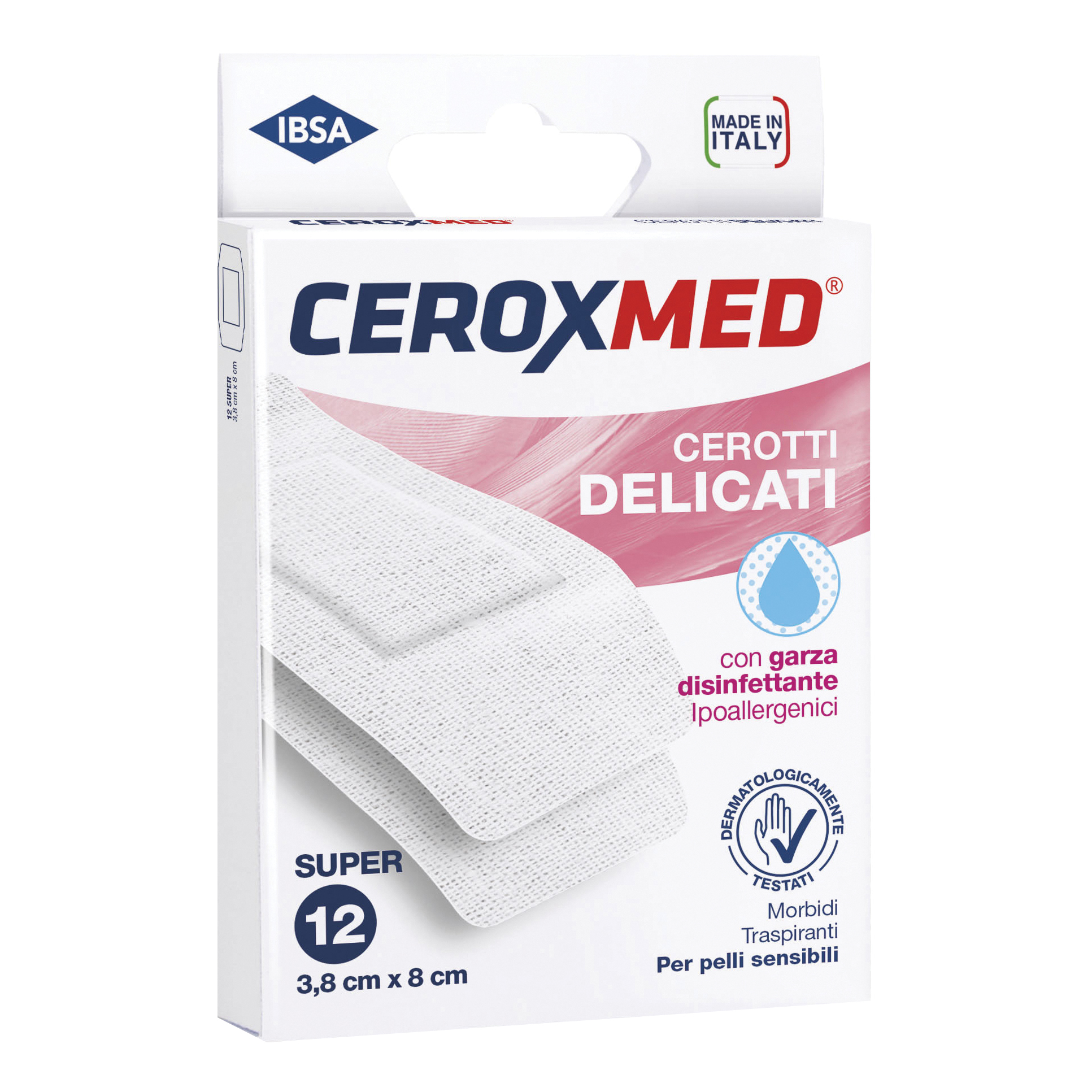 Cerotti Delicati Ceroxmed Con Garza Disinfettante Ipoallergenici Per Pelli Sensibili Super 3,8 X8 Cm 12 Pezzi