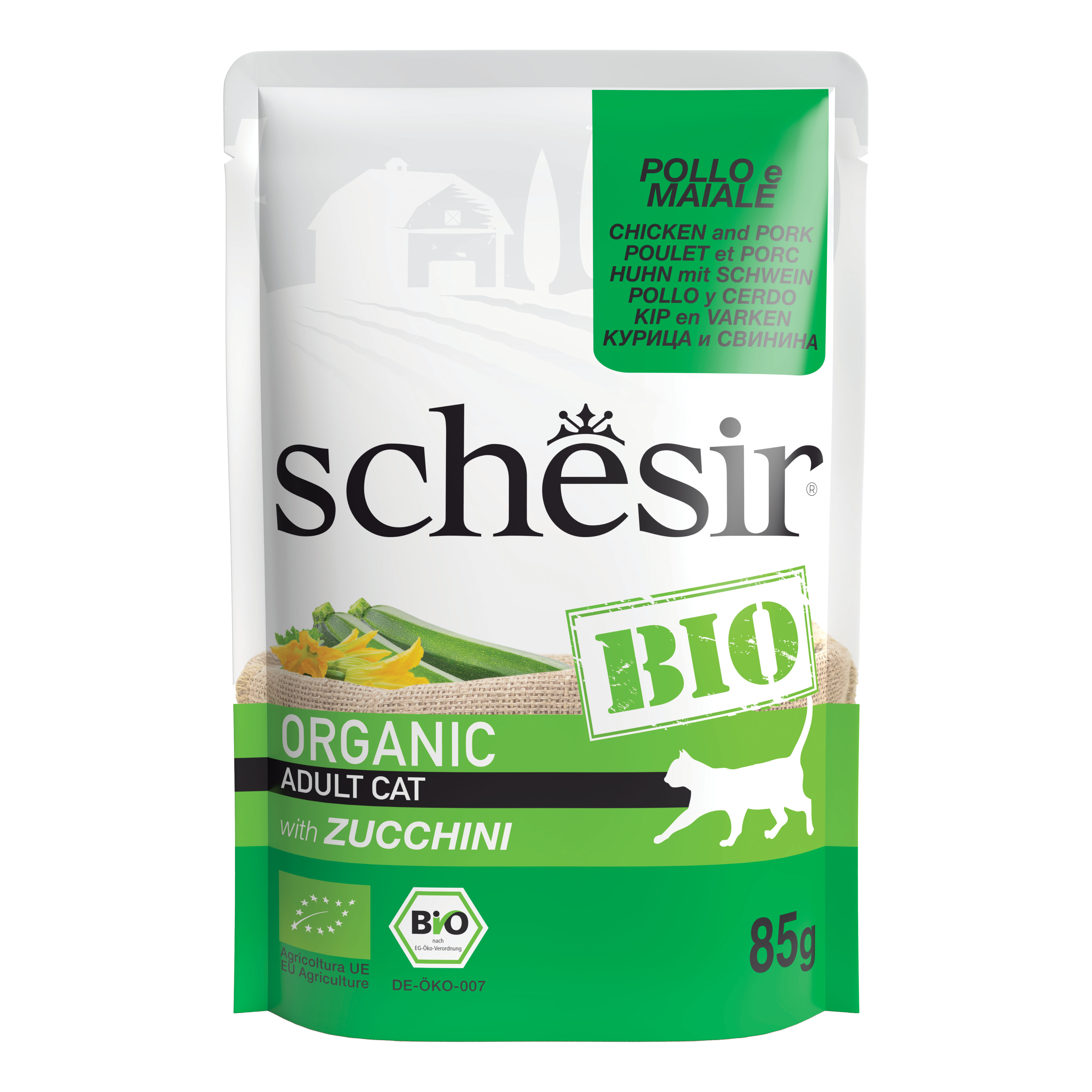 Schesir Gatto Bio Organic Busta Adulto Pollo, Maiale &amp; Zucchini 85 Gr