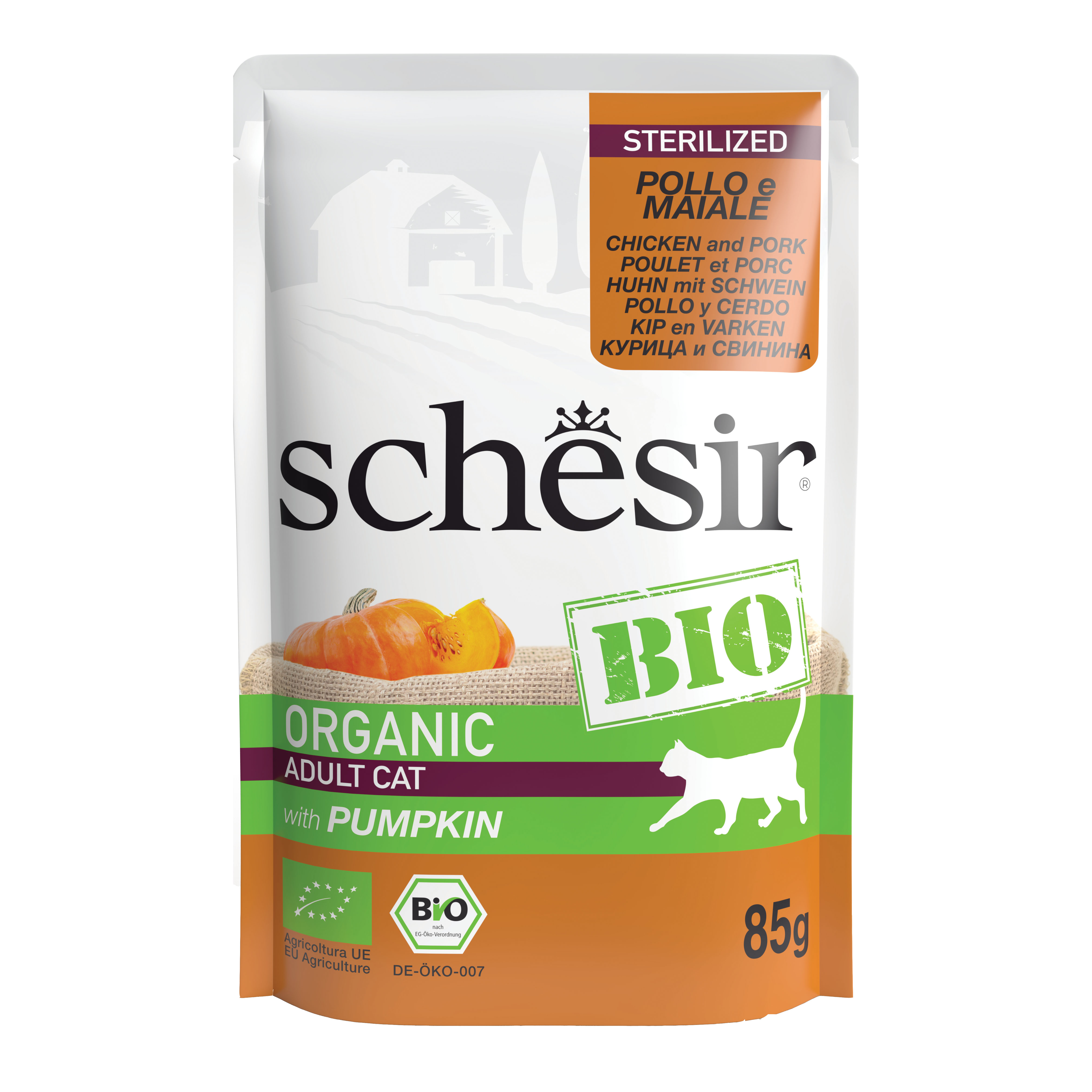 Schesir Gatto Bio Organic Busta Adulto Sterilizzato Pollo, Maiale & Zucca 85 Gr