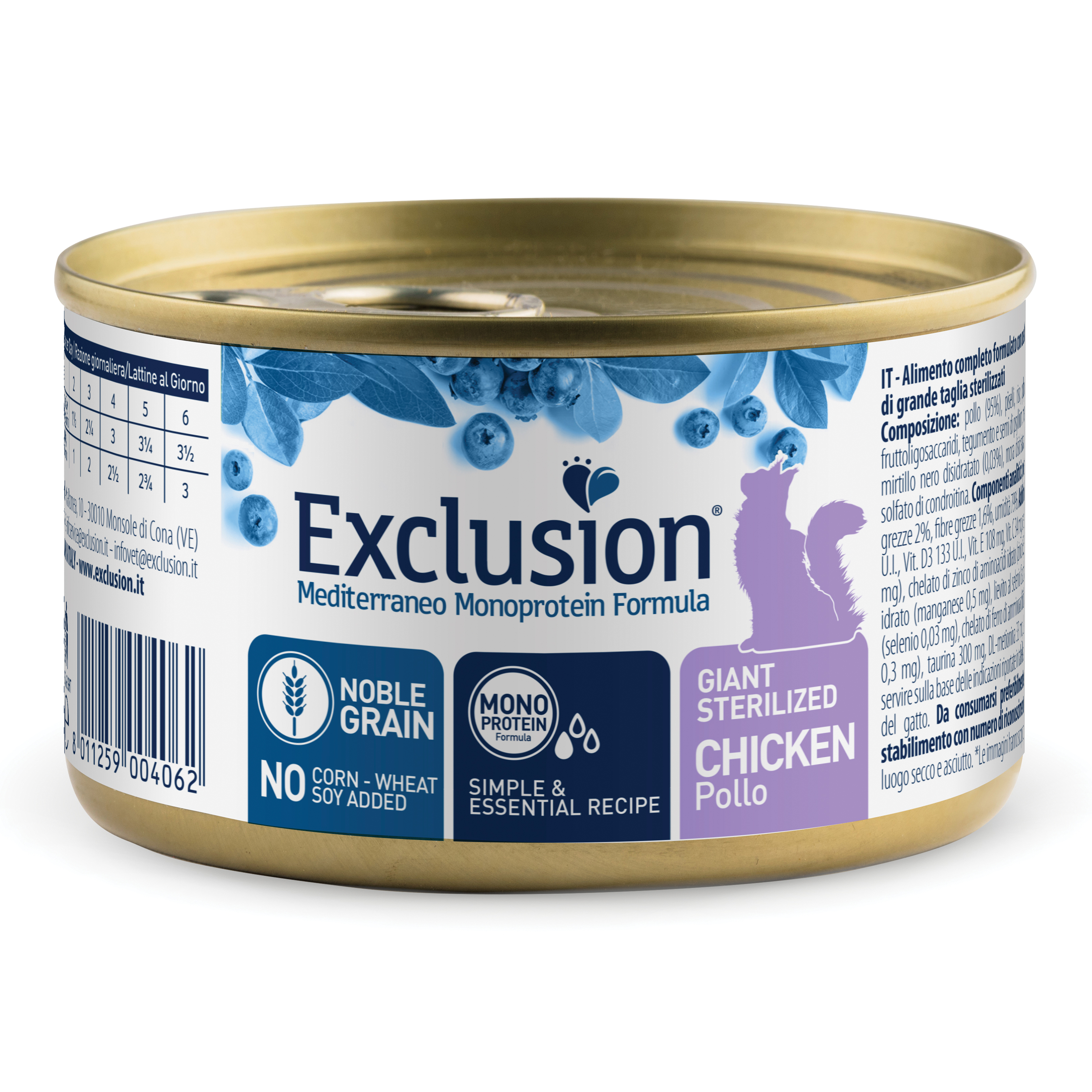 Exclusion Gatto Mediterraneo Adulto Sterilizzato Giant Pollo Lattina 85 Gr