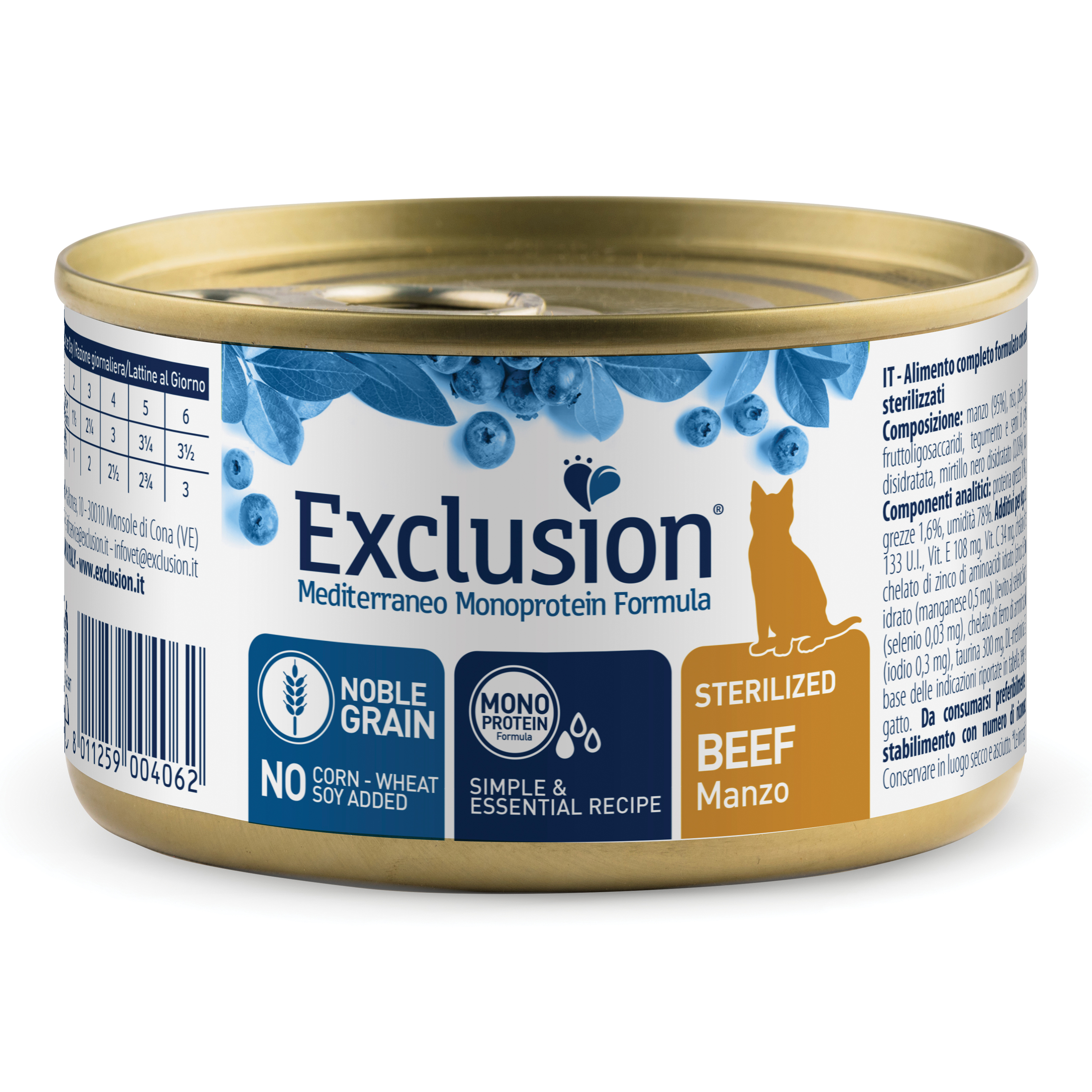 Exclusion Gatto Mediterraneo Adulto Sterilizzato Manzo Lattina 85 Gr