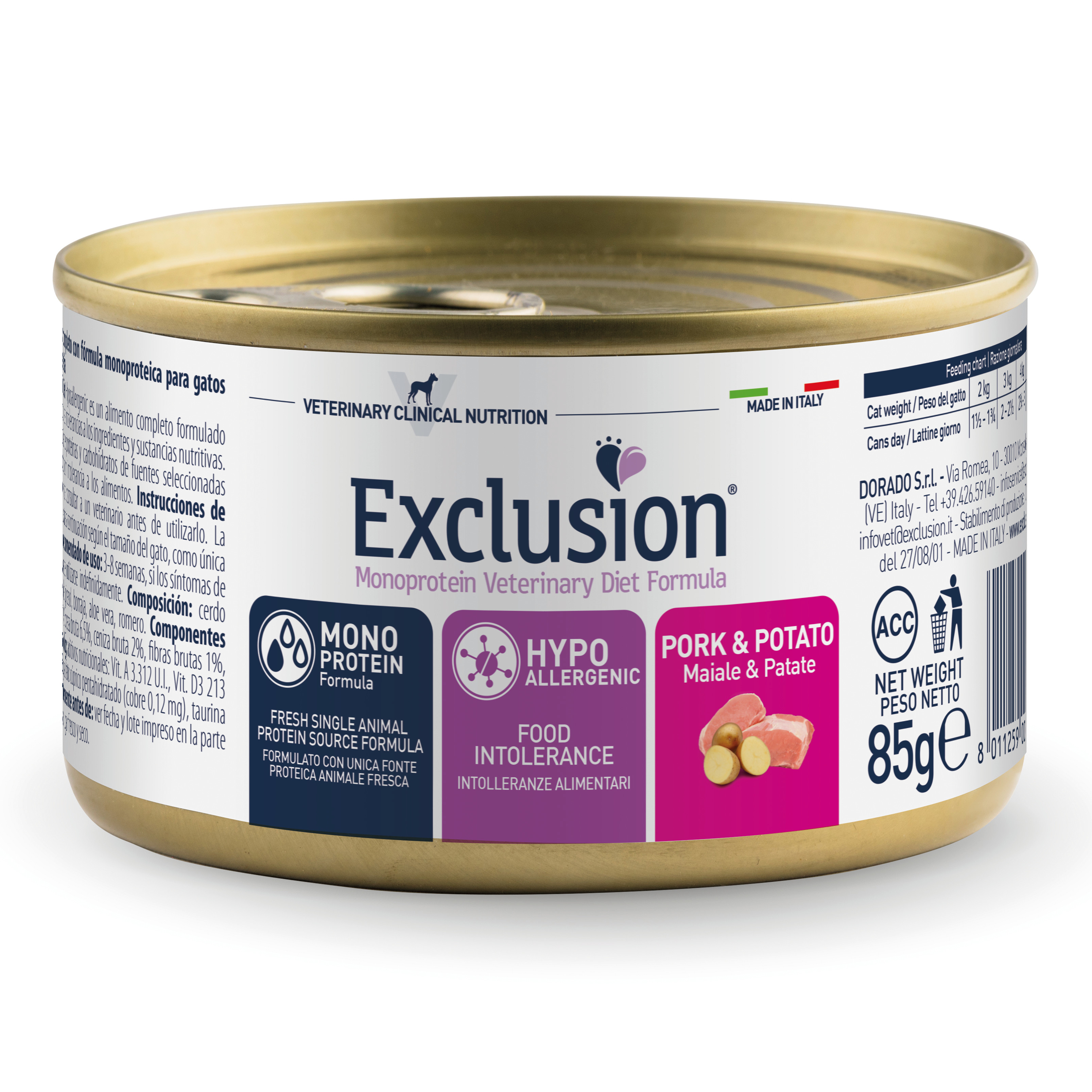 Exclusion monoprotein veterinary diet formula cat hypoallergenic pork and potato 85 g