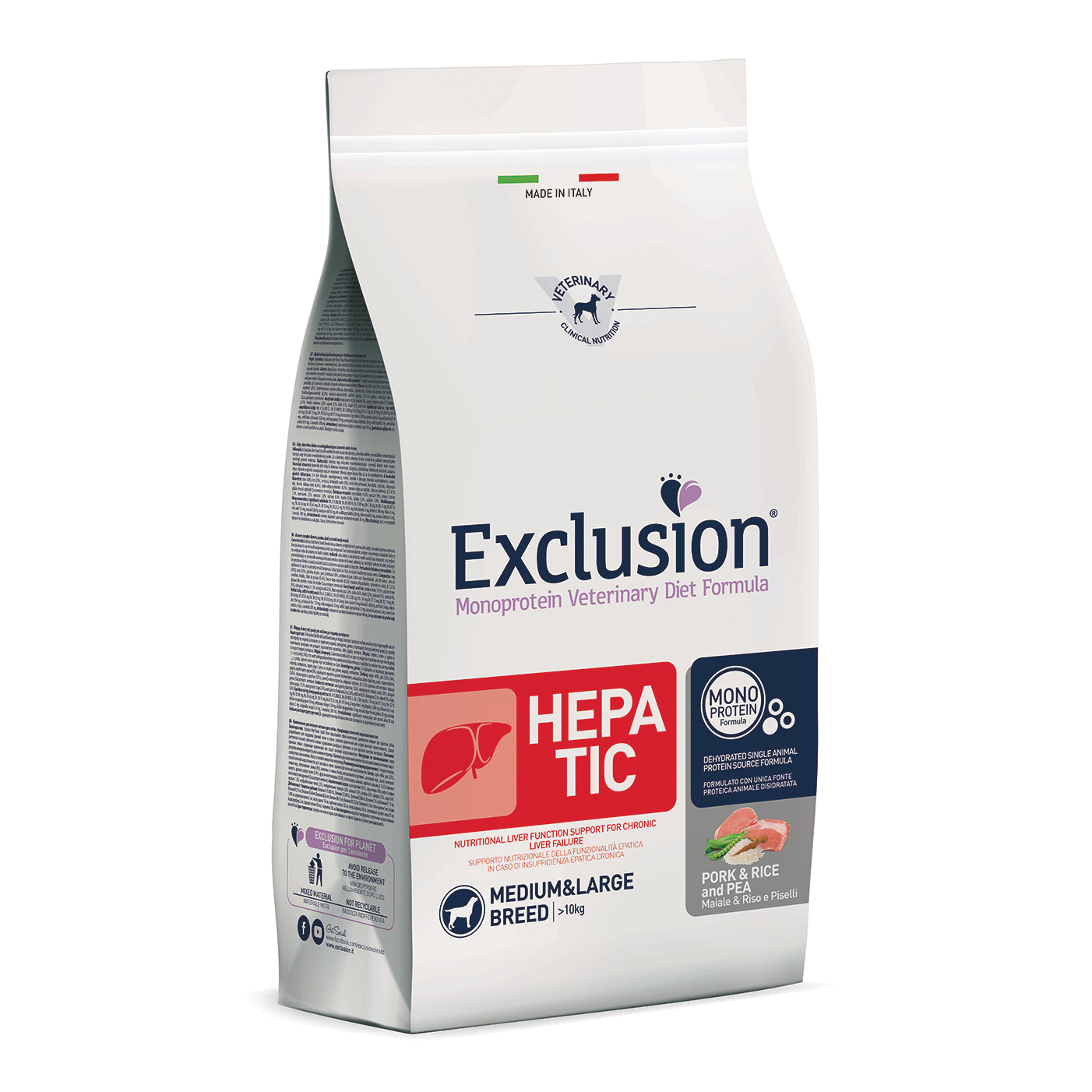 Exclusion Cane Diet Hepatic Adulto Medium&Large Maiale, Riso & Piselli 12 Kg-image