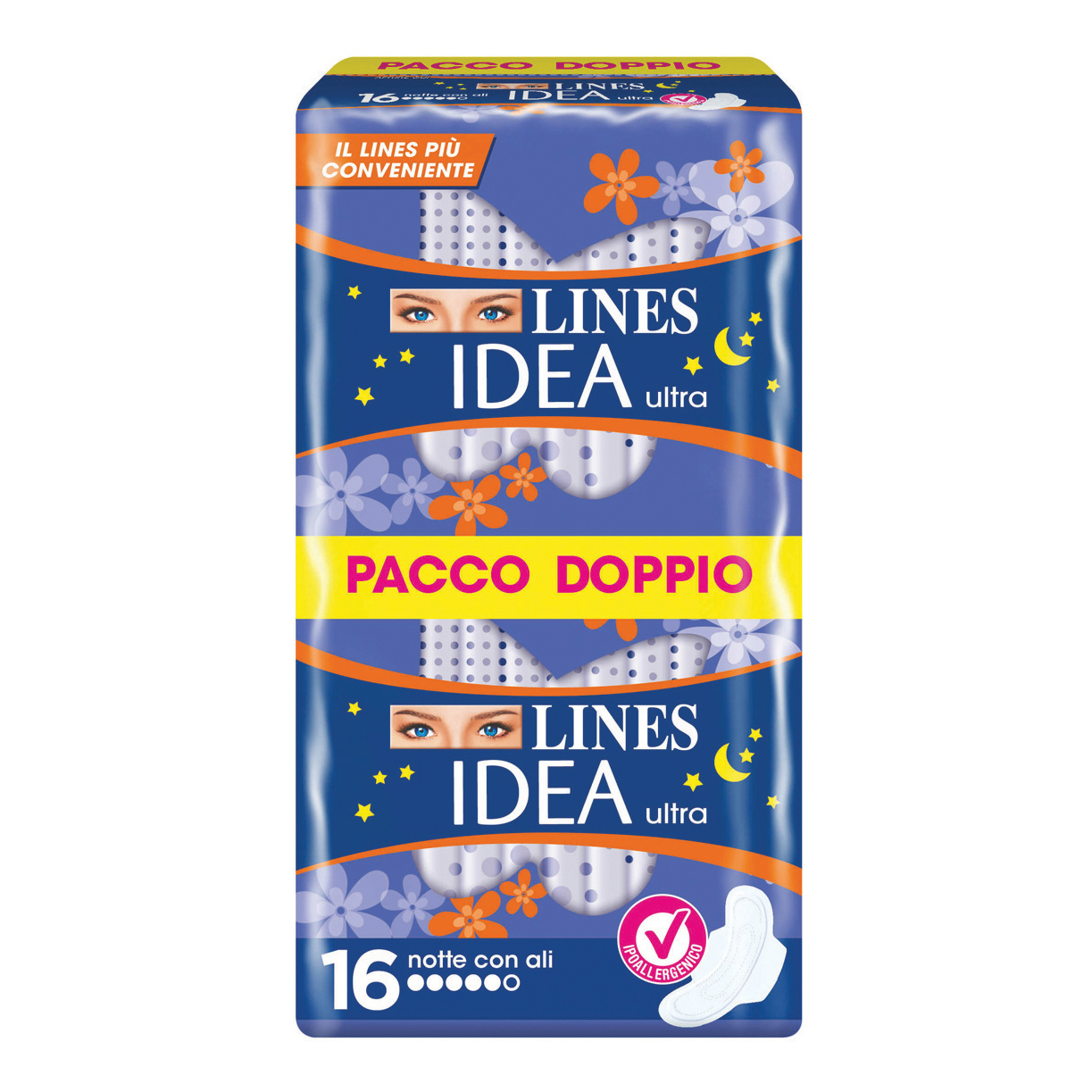 Lines Idea Ultra Notte Assorbenti Con Ali Pacco Doppio 16 Pezzi