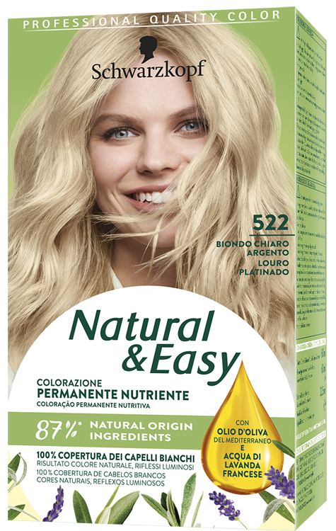 Schwarzkopf natural &amp; easy colorazione 522 biondo chiaro argento 1 crema colorante 60 ml + 1 applicatore con emulsione rivelatrice 60 ml + 1 balsamo nutriente 22,5 ml