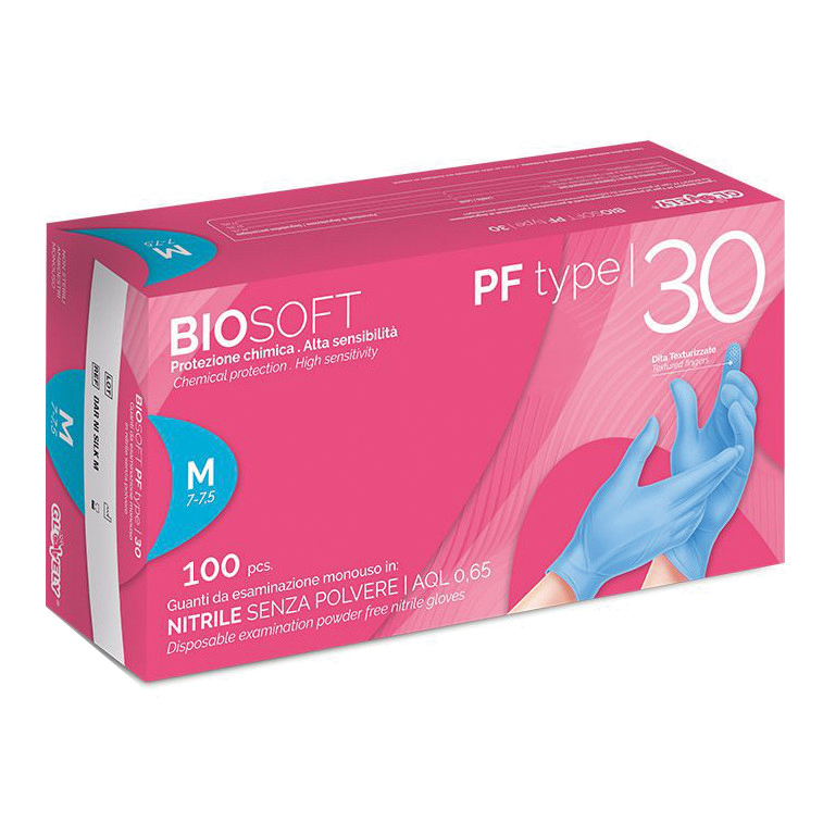Guanto da esplorazione monouso in nitrile azzurro biosoft pf type 30 senza polvere anatomico ambidestro polsini antiarrotolamento lunghezza 240 mm misura large 100 pezzi
