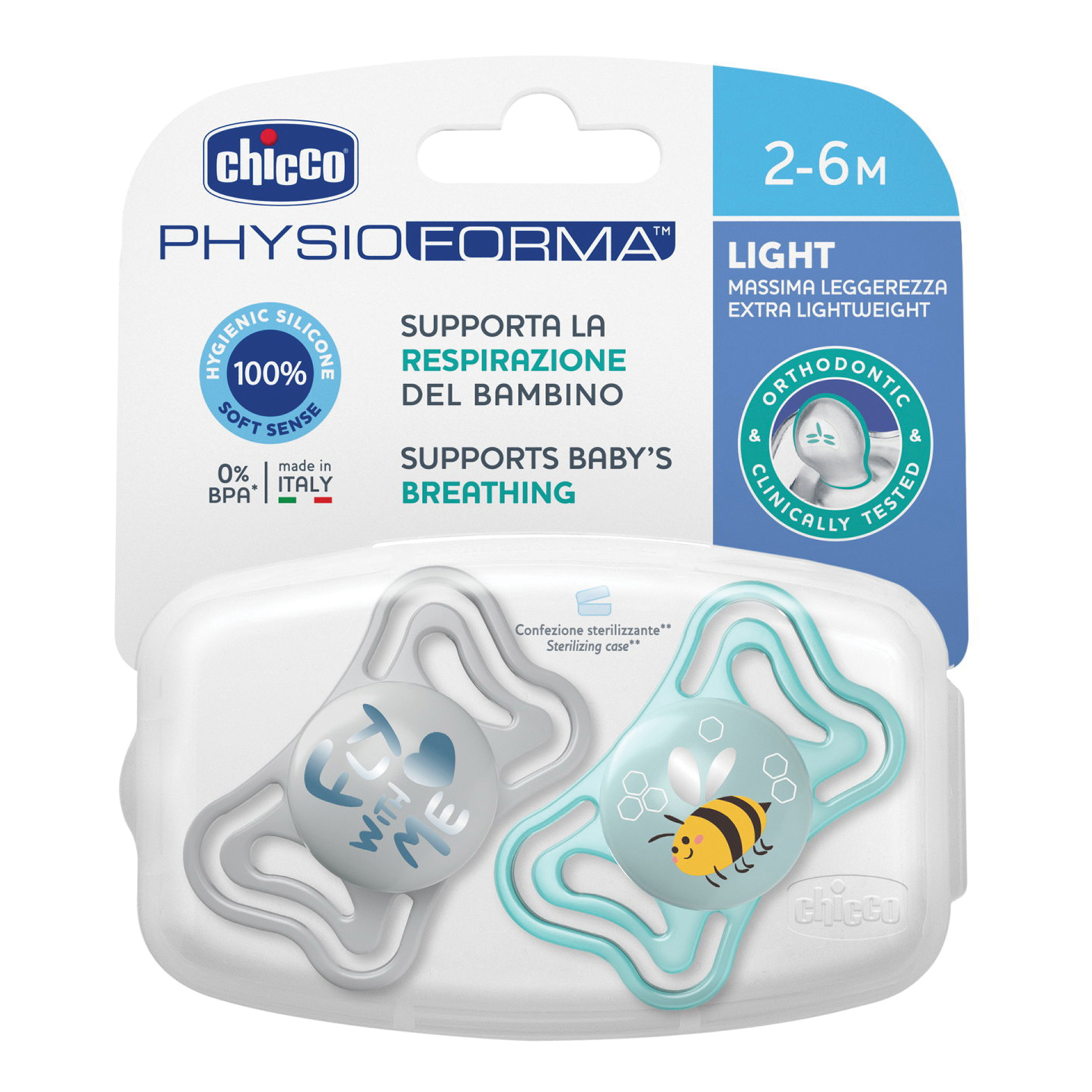 Chicco Succhietto Light Azzurro Silicone 2-6M 2 Pezzi