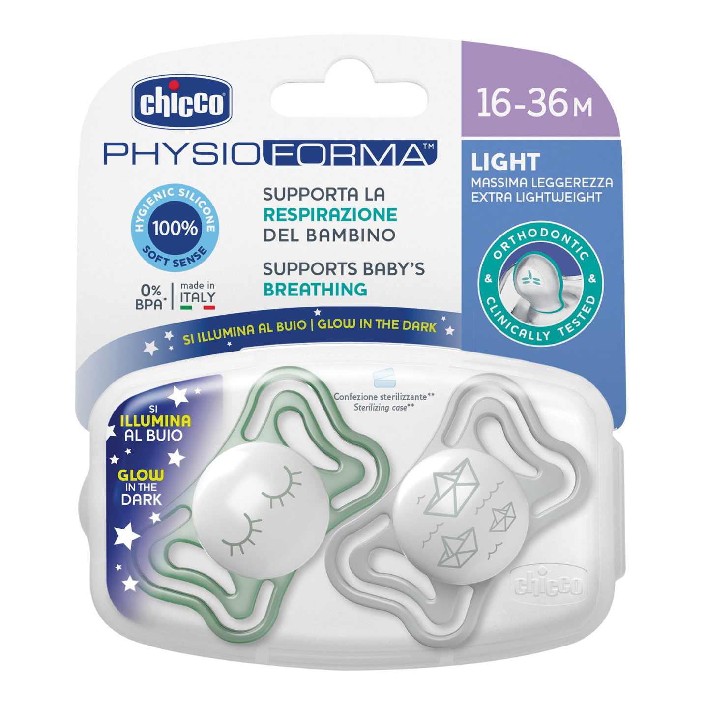 Chicco succhietto light lumi silicone 16-36m 2 pezzi