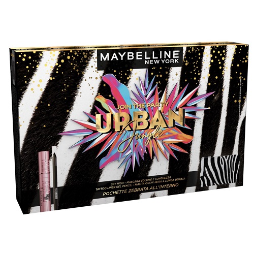 Maybelline new york join the party urban jungle 2022 sky high mascara volume e lunghezza + tattoo liner gel pencil matita occhi nera a lunga durata + pochette zebrata