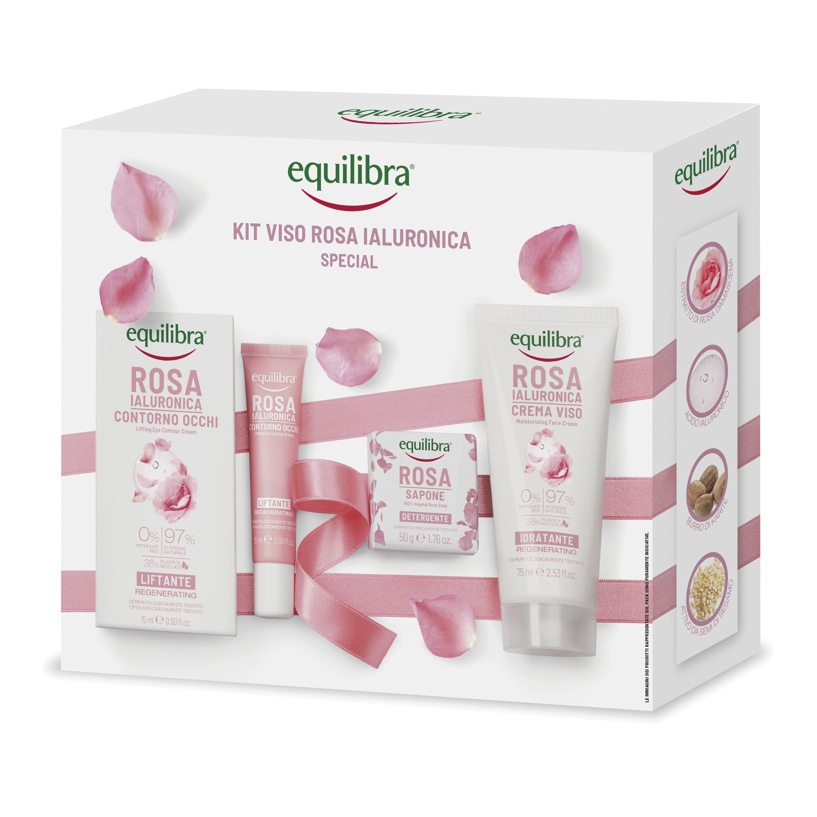 Equilibra kit viso rosa ialuronica special 1 contorno occhi liftante 15 ml + 1 sapone 100% vegetale 50 g + 1 crema viso idratante 75 ml