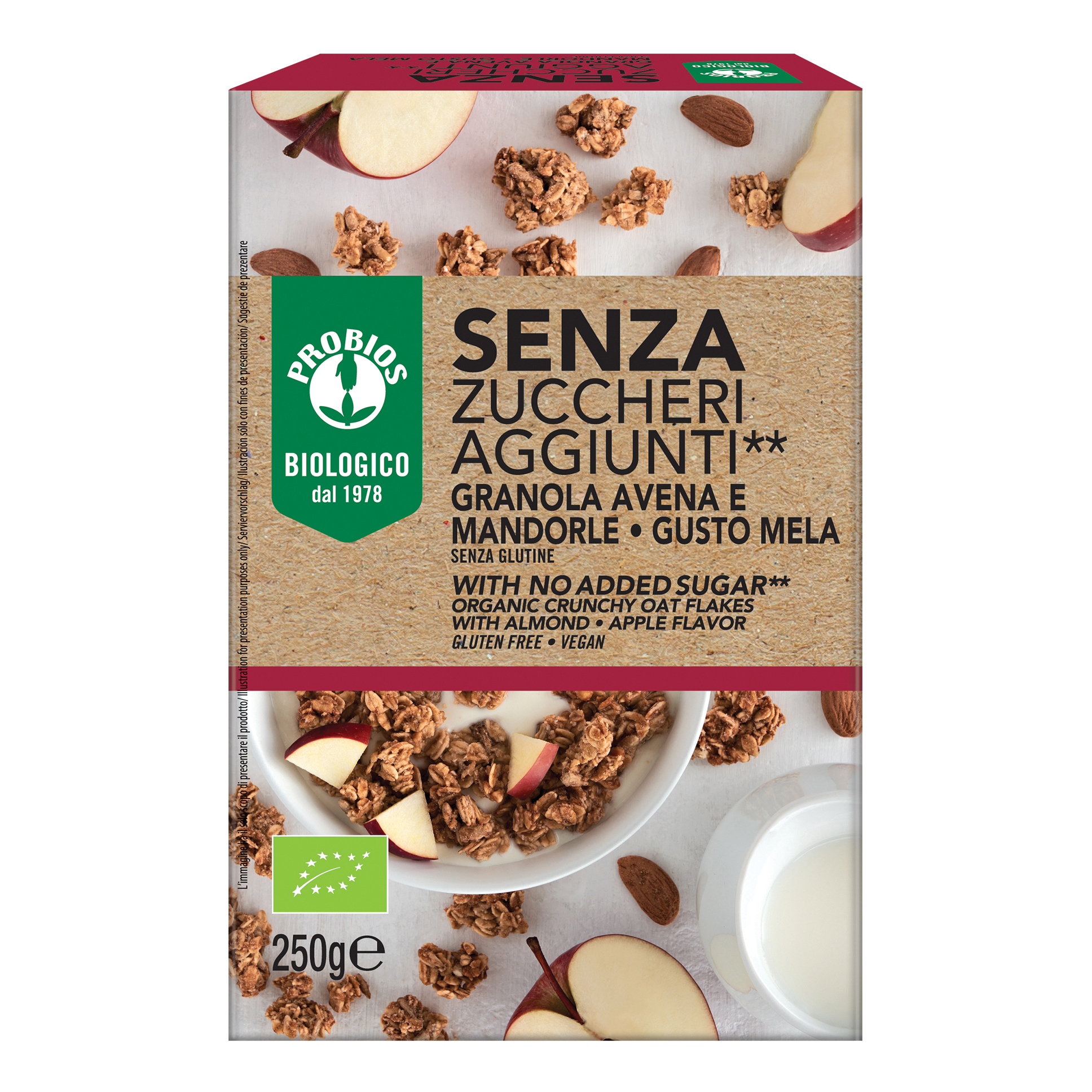 Probios granola senza zuccheri aggiunti avena e mandorla e mela senza glutine 250 g