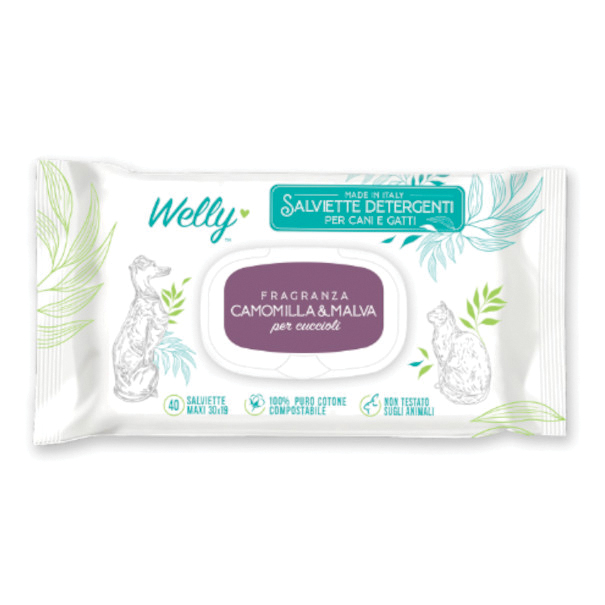 Welly salviette detergenti per cuccioli camomilla &amp; malva 40 pezzi