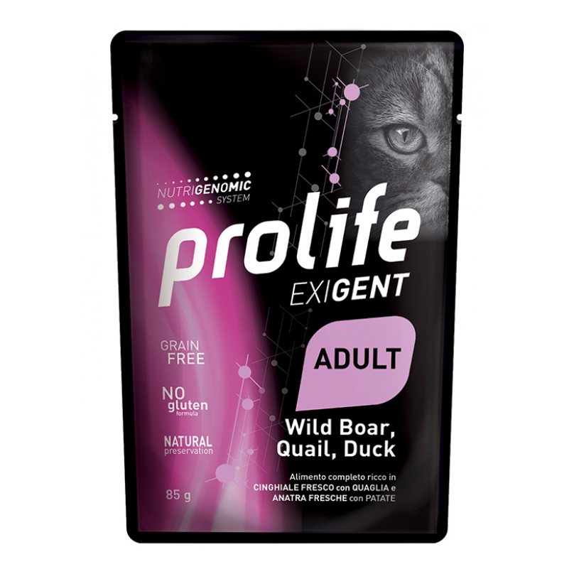 Prolife Gatto Exigent Adulto Cinghiale, Quaglia, Anatra &amp; Patate Busta 85 Gr