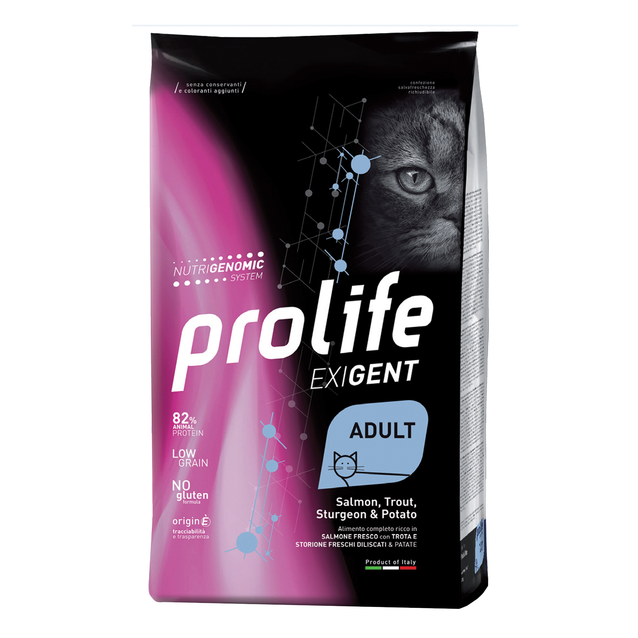 Prolife Gatto Exigent Adulto Salmone, Trota, Storione &amp; Riso 1,5 Kg