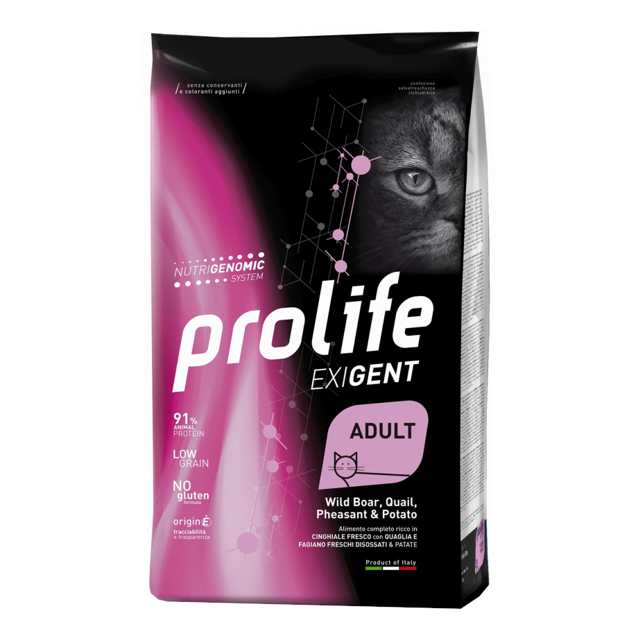 Prolife Gatto Exigent Adulto Cinghiale, Quaglia, Fagiano &amp; Patate 400 Gr
