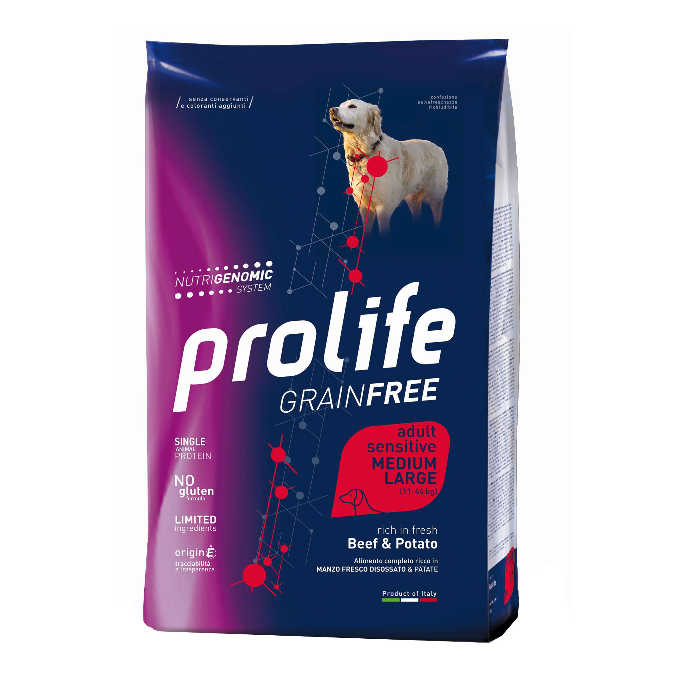 Prolife Cane Grain Free Sensitive Adulto Medium&amp;Large Manzo &amp; Patate 10 Kg