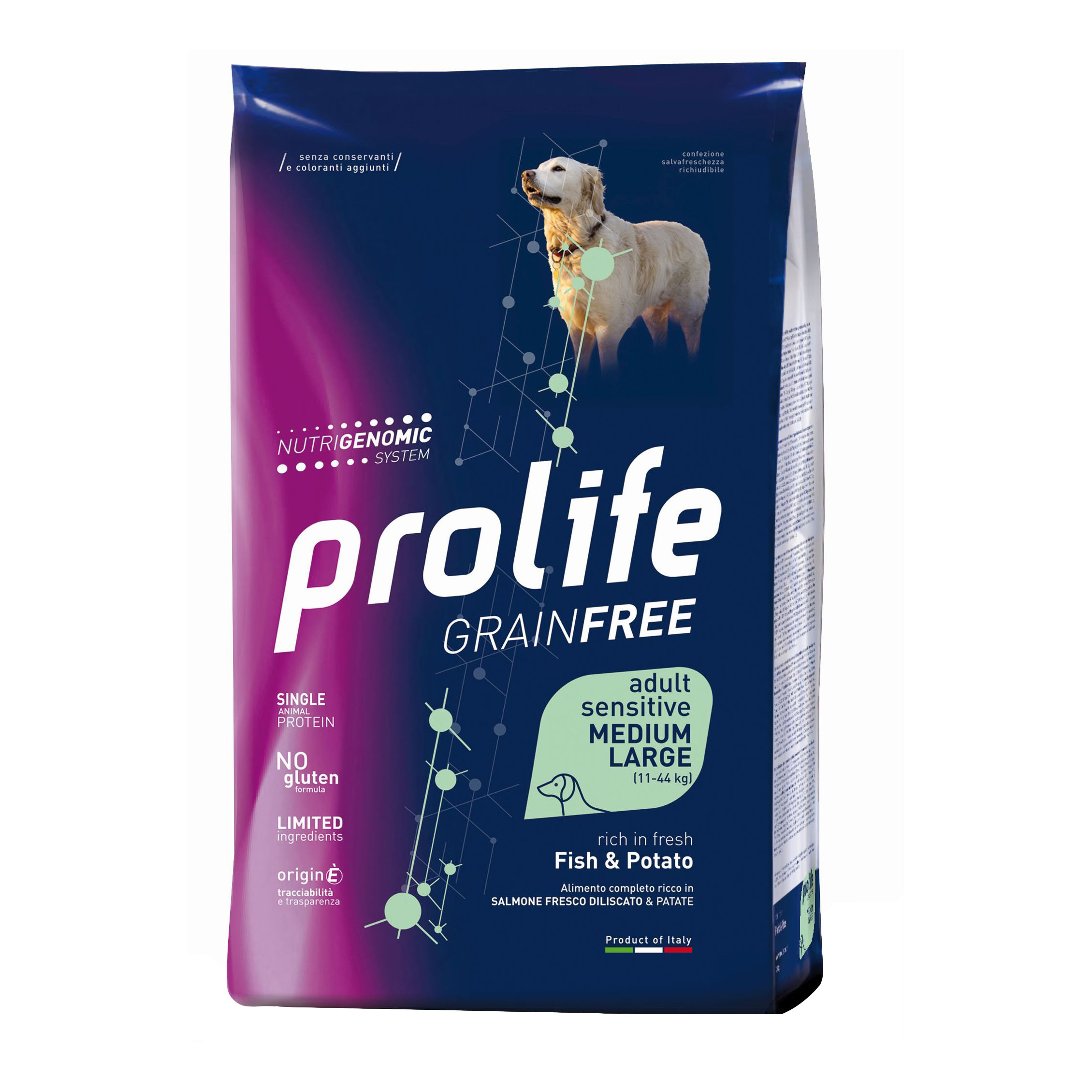 Prolife Cane Grain Free Sensitive Adulto Medium&amp;Large Salmone &amp; Patate 10 Kg