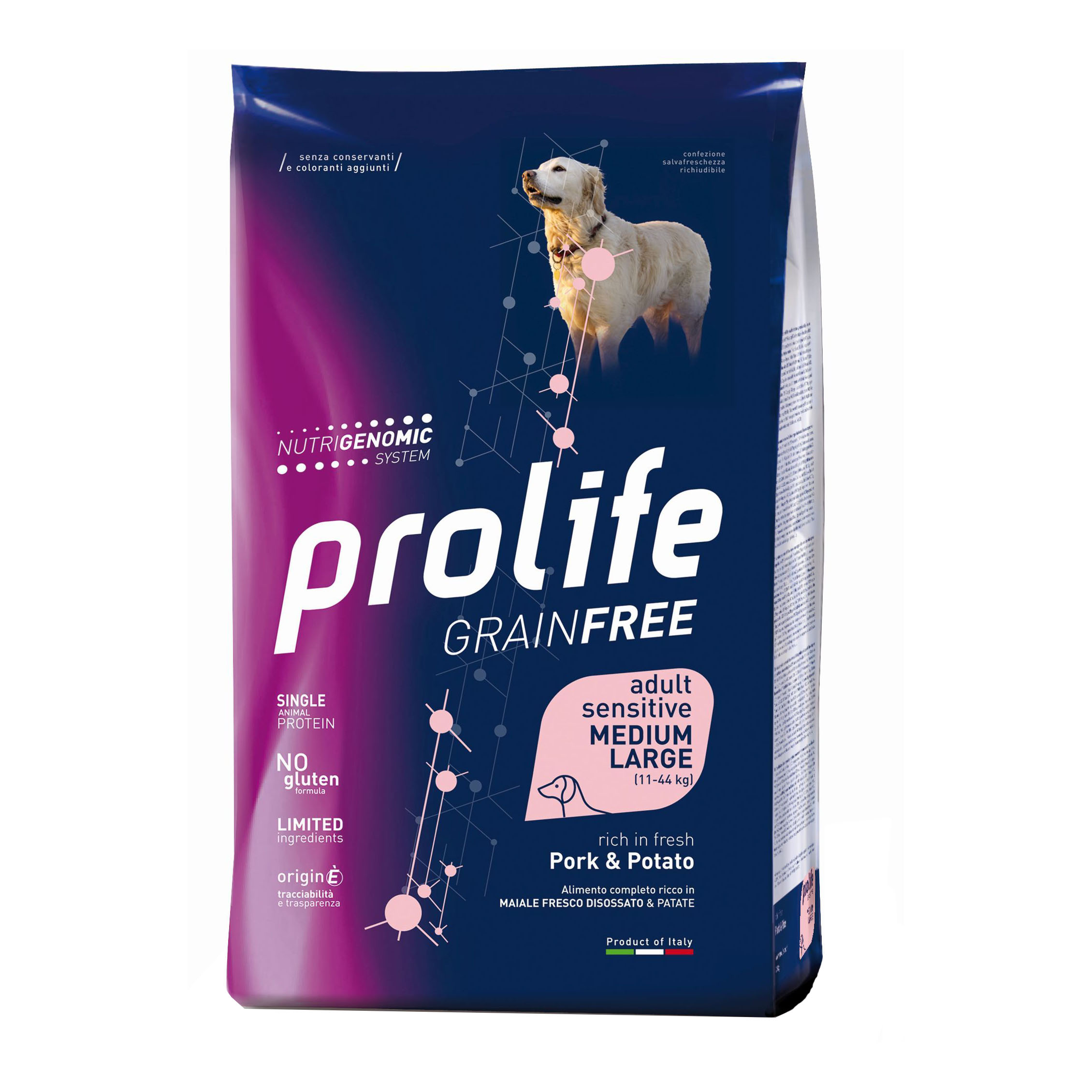 Prolife Cane Grain Free Sensitive Adulto Medium&amp;Large Maiale &amp; Patate 10 Kg