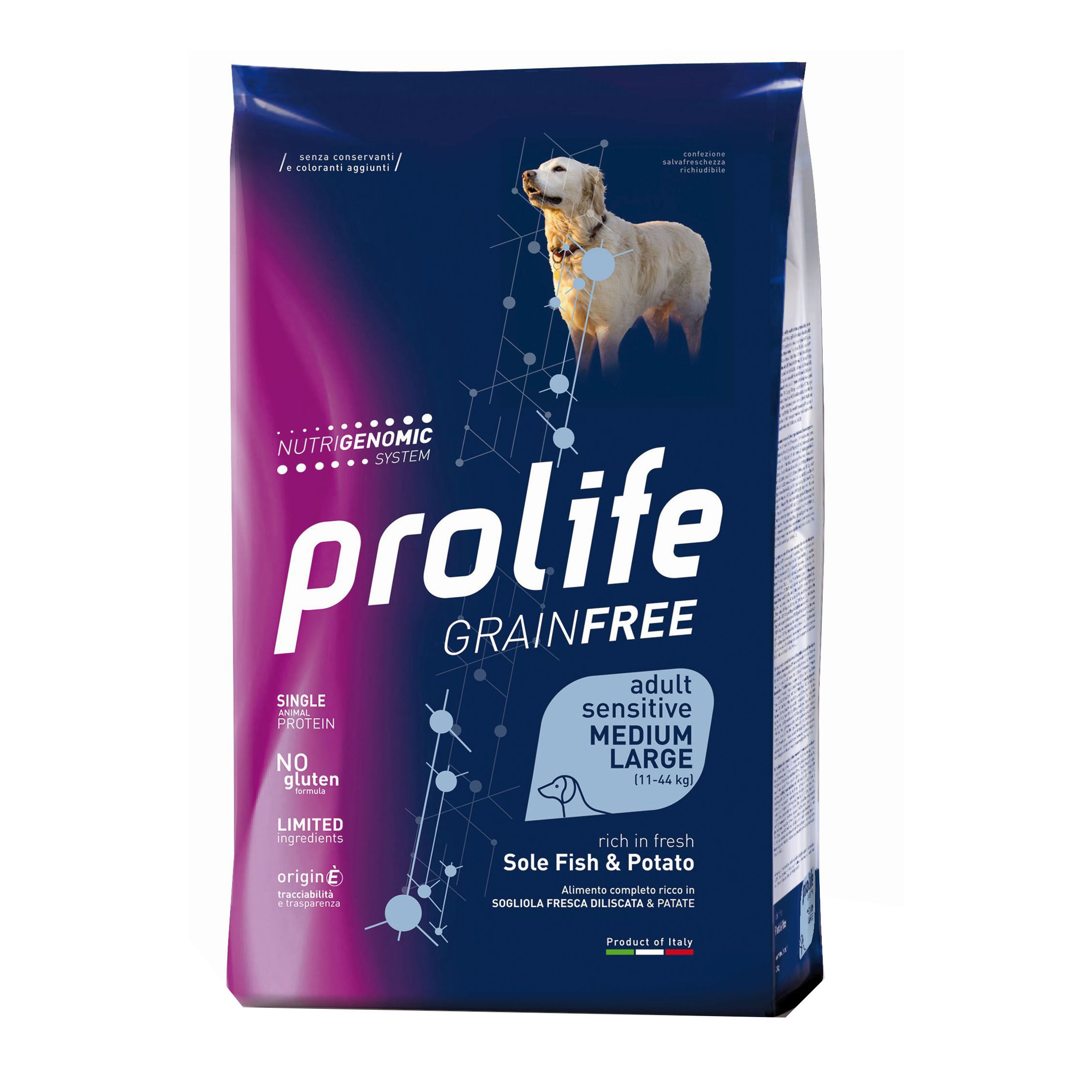 Prolife Cane Grain Free Sensitive Adulto Medium&amp;Large Sogliola &amp; Patate 10 Kg