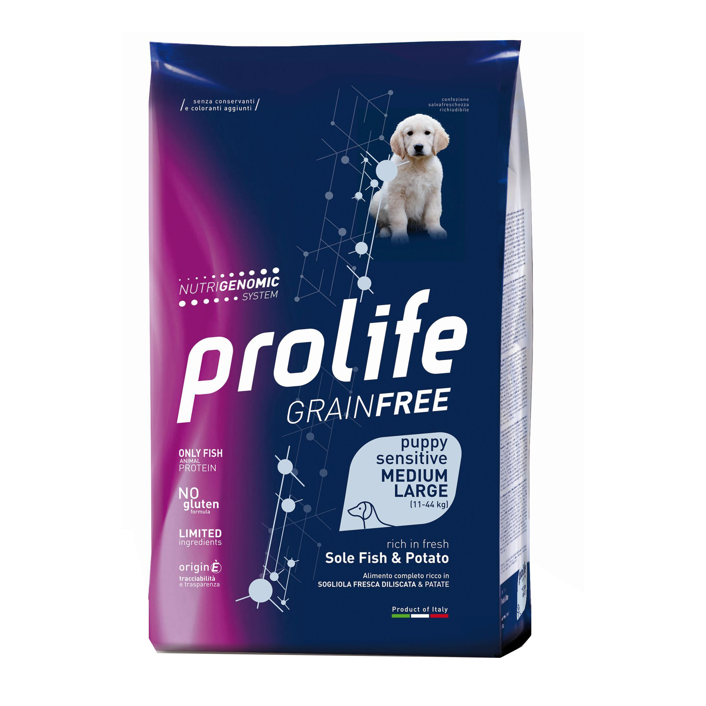 Prolife Cane Grain Free Sensitive Puppy Medium&amp;Large Sogliola &amp; Patate 10 Kg
