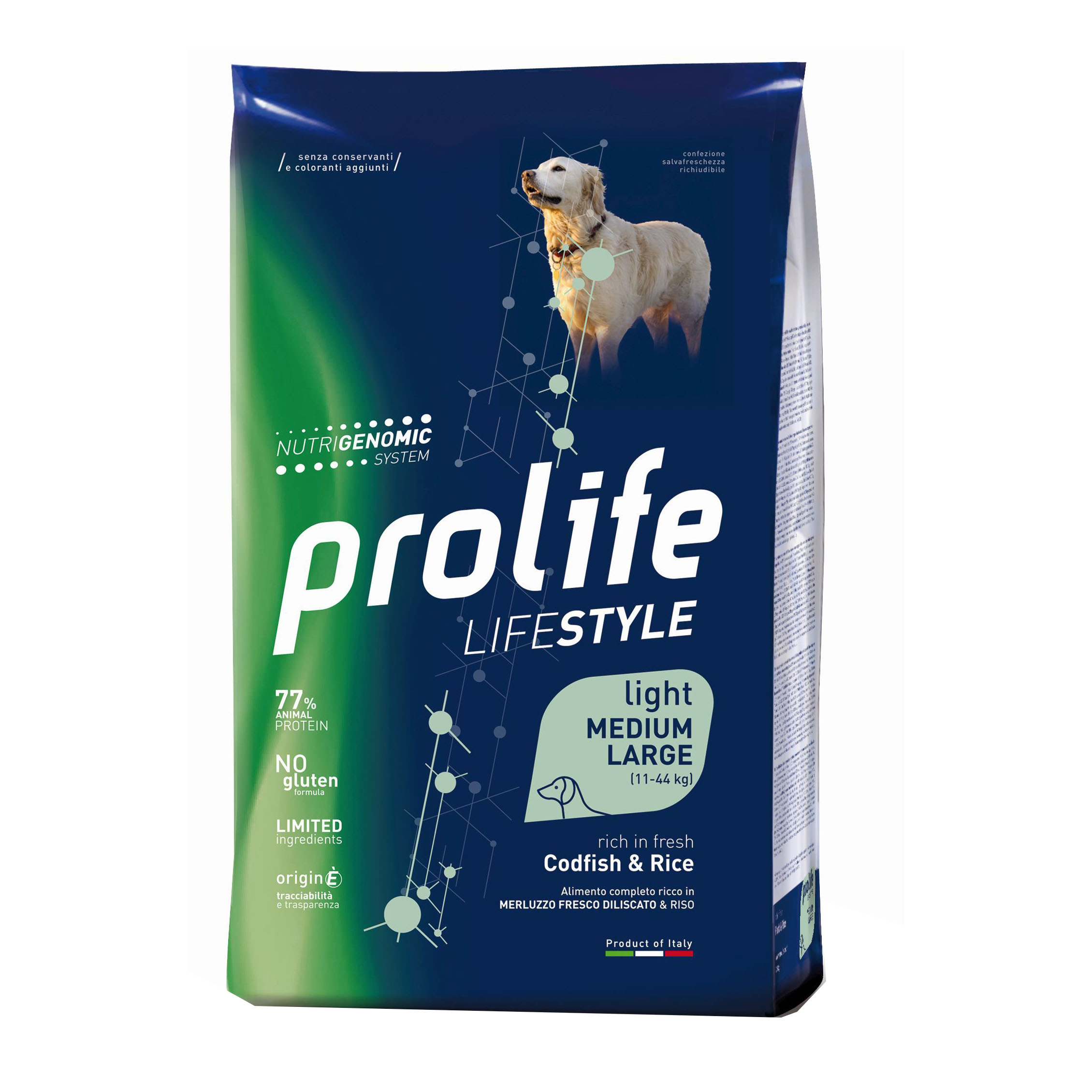 Prolife Cane Lifestyle Light Adulto Medium&amp;Large Merluzzo &amp; Riso 12 Kg