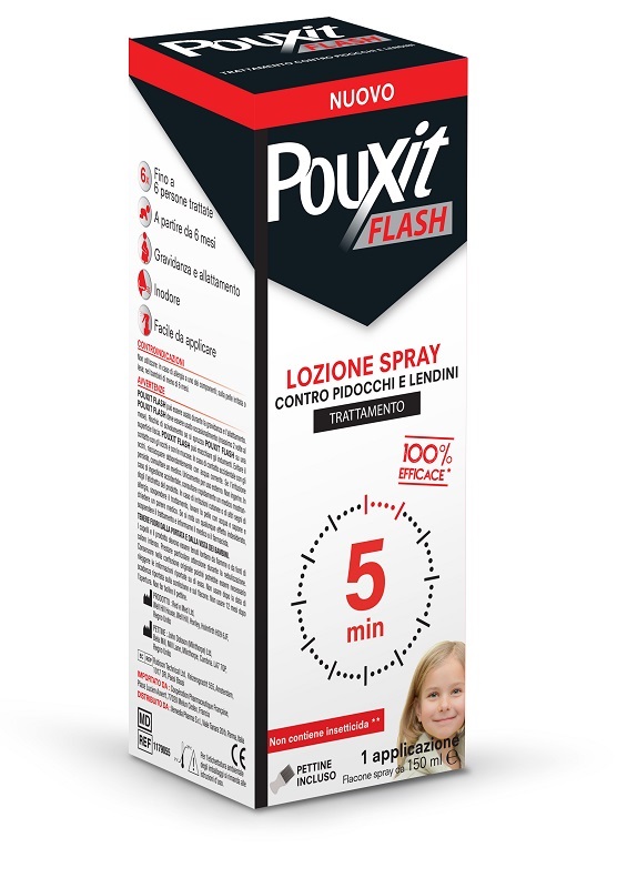 Lozione spray contro pidocchi e lendini pouxit flash trattamento con pettine incluso 150 ml