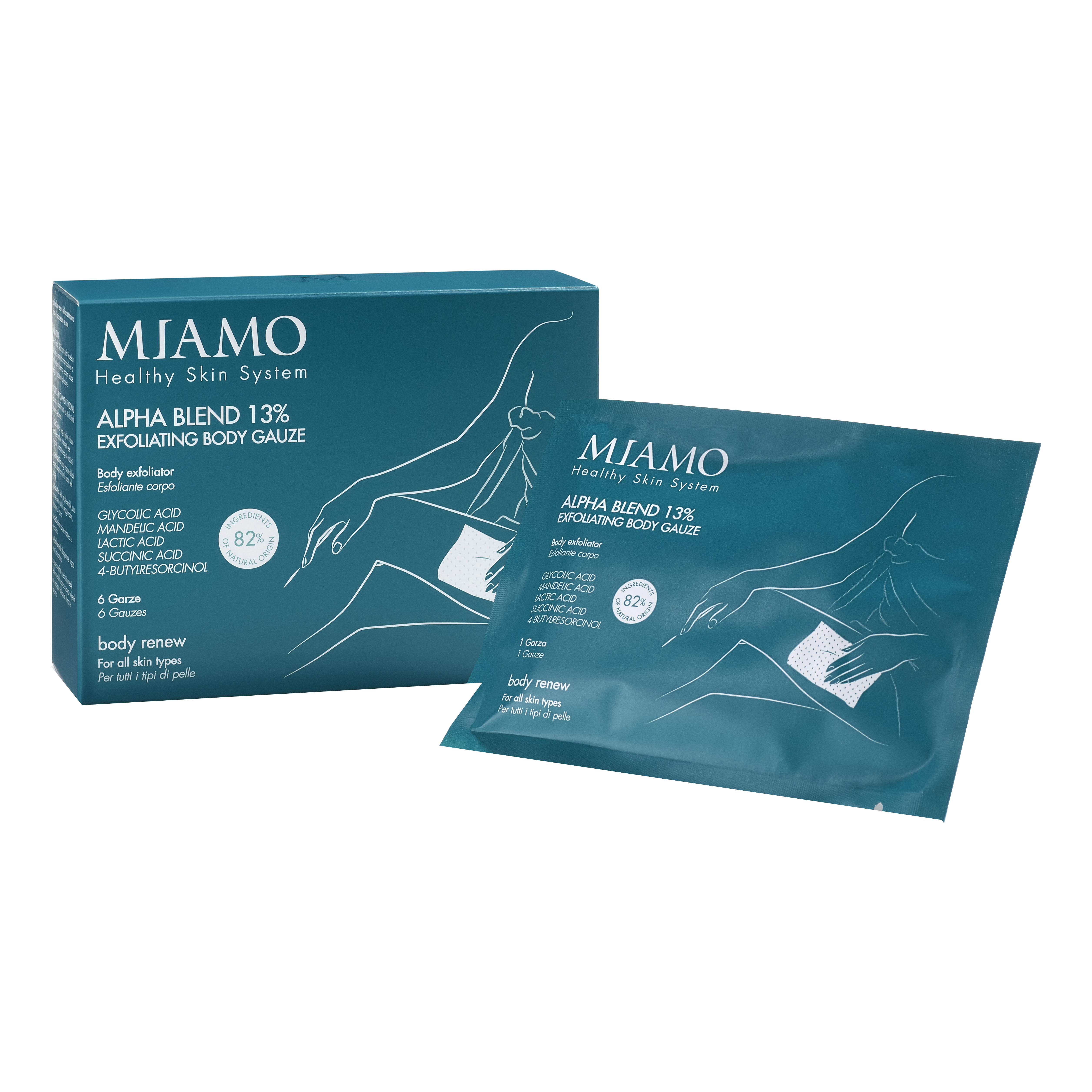 Miamo body renew alpha blend 13% exfoliating body gauze inbevute 6 buste