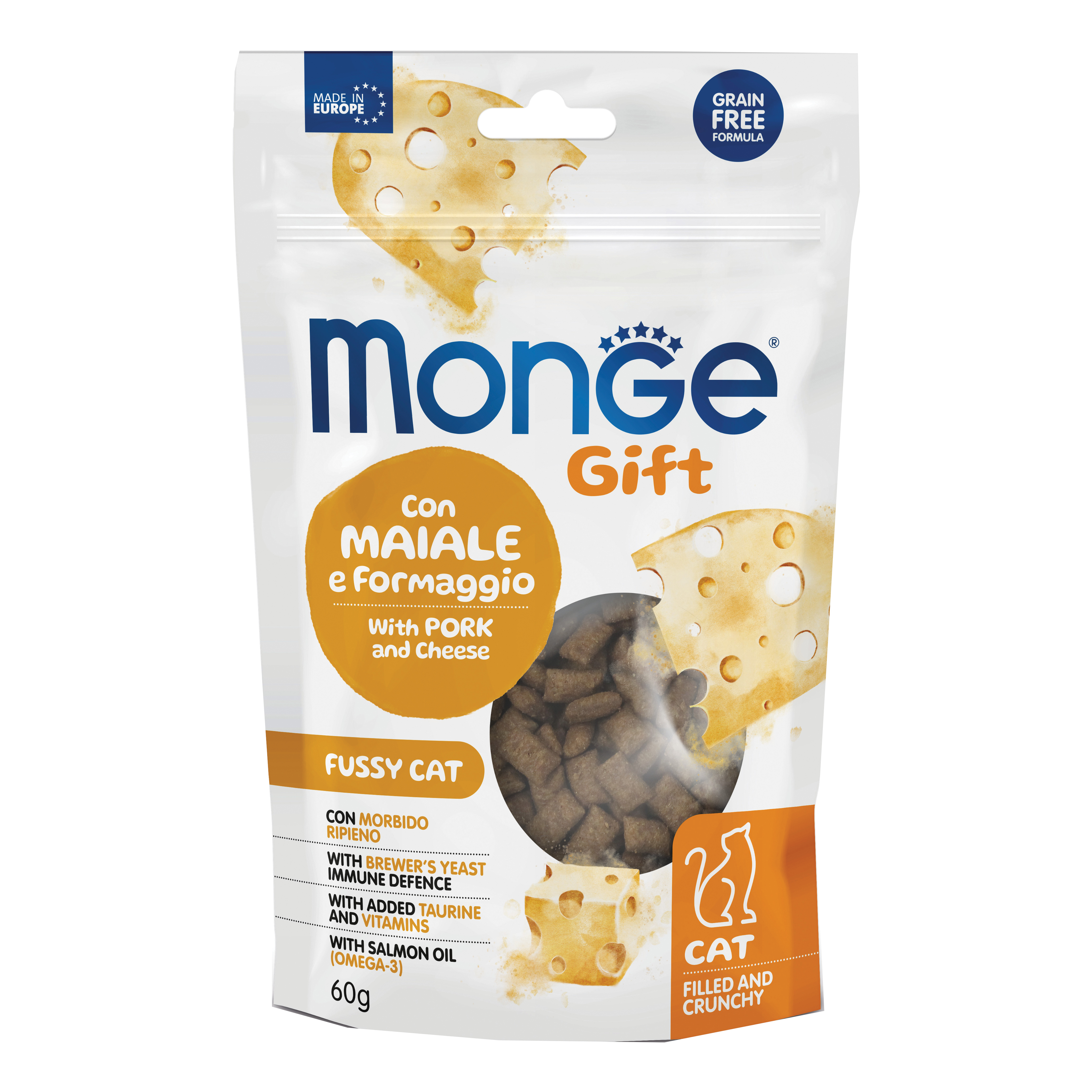 Monge cat filled and crunchy gift appetito difficile con maiale e formaggio 60 g