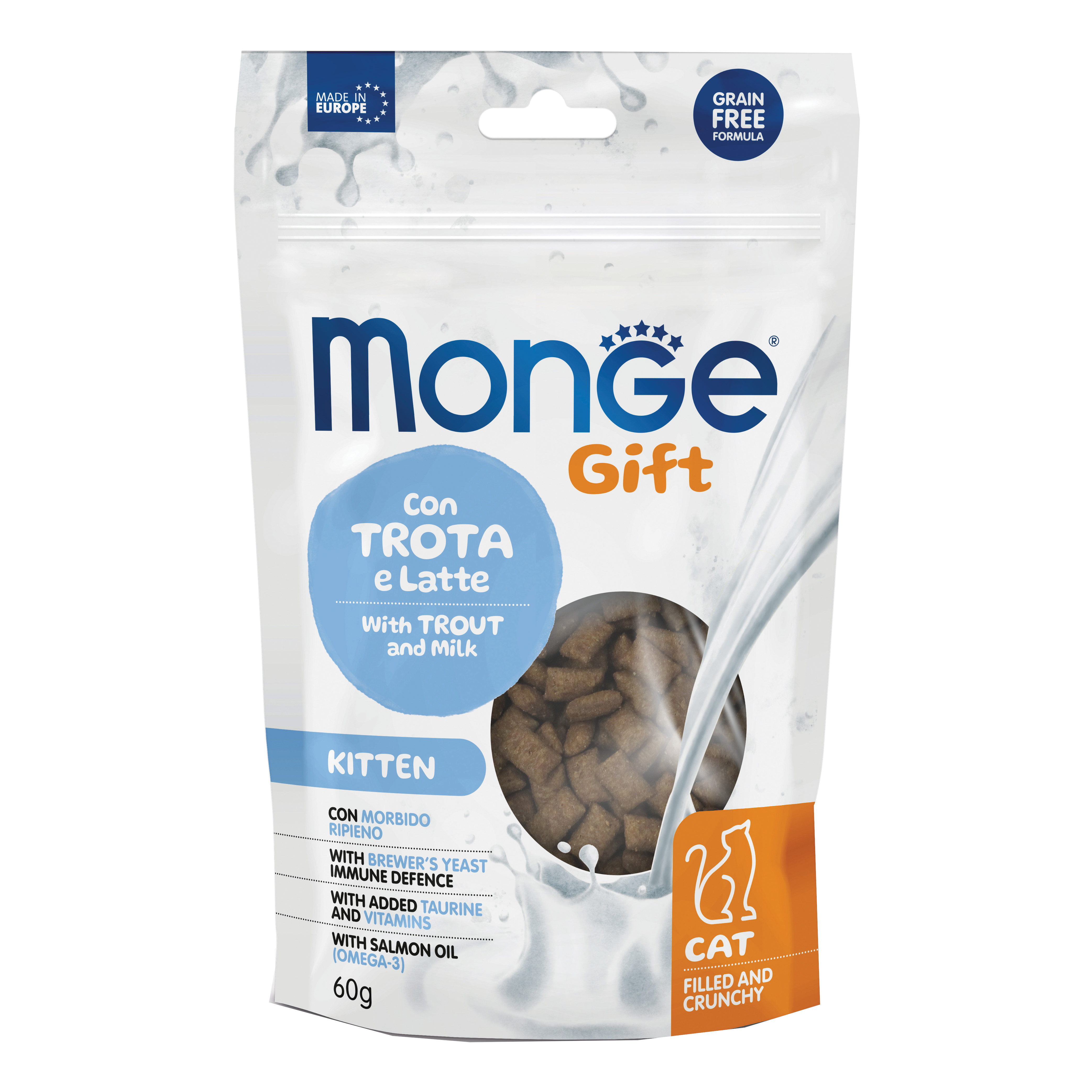 Monge cat filled and crunchy gift gattino con trota e latte 60 g