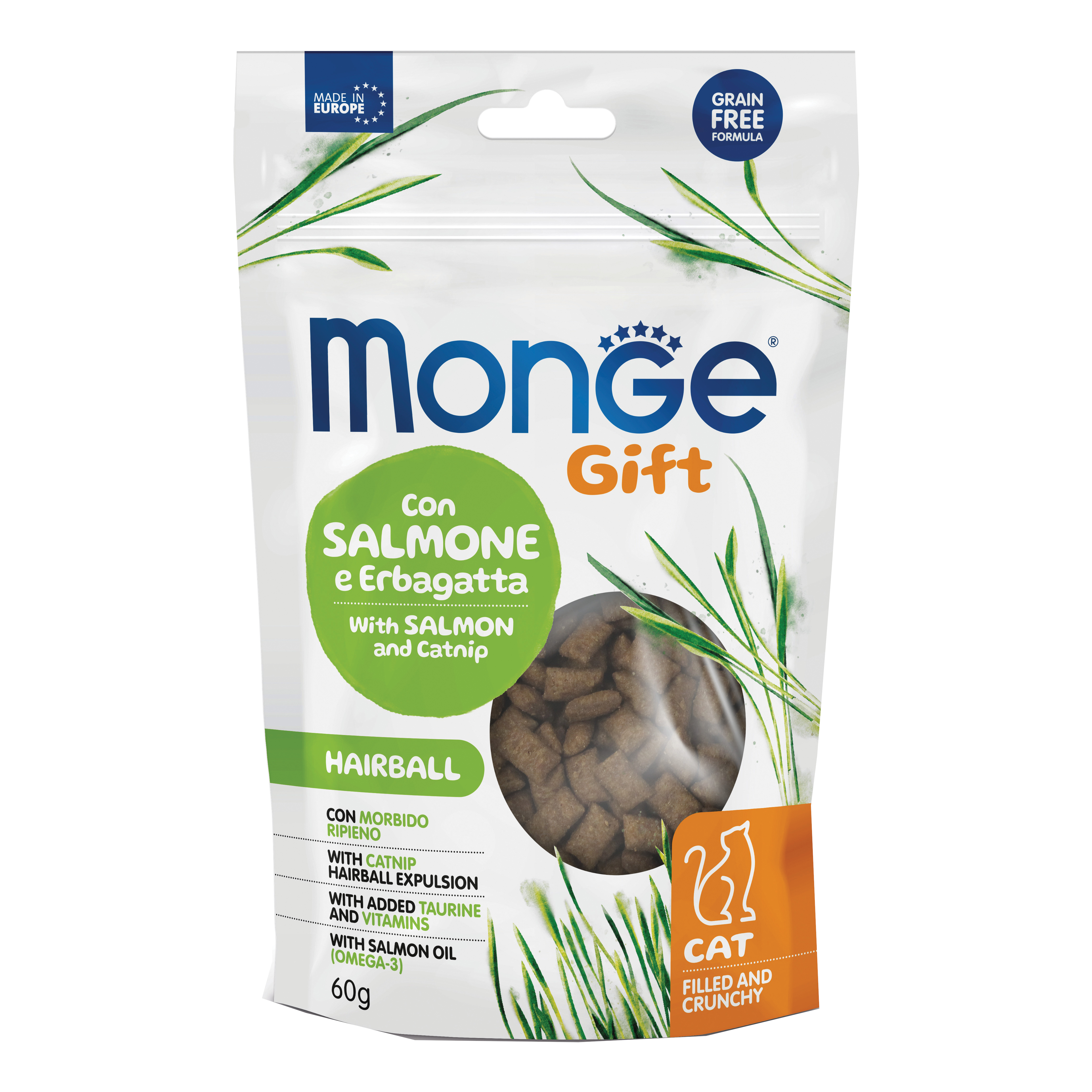 Monge cat filled and crunchy gift hairball con salmone ed erbagatta 60 g