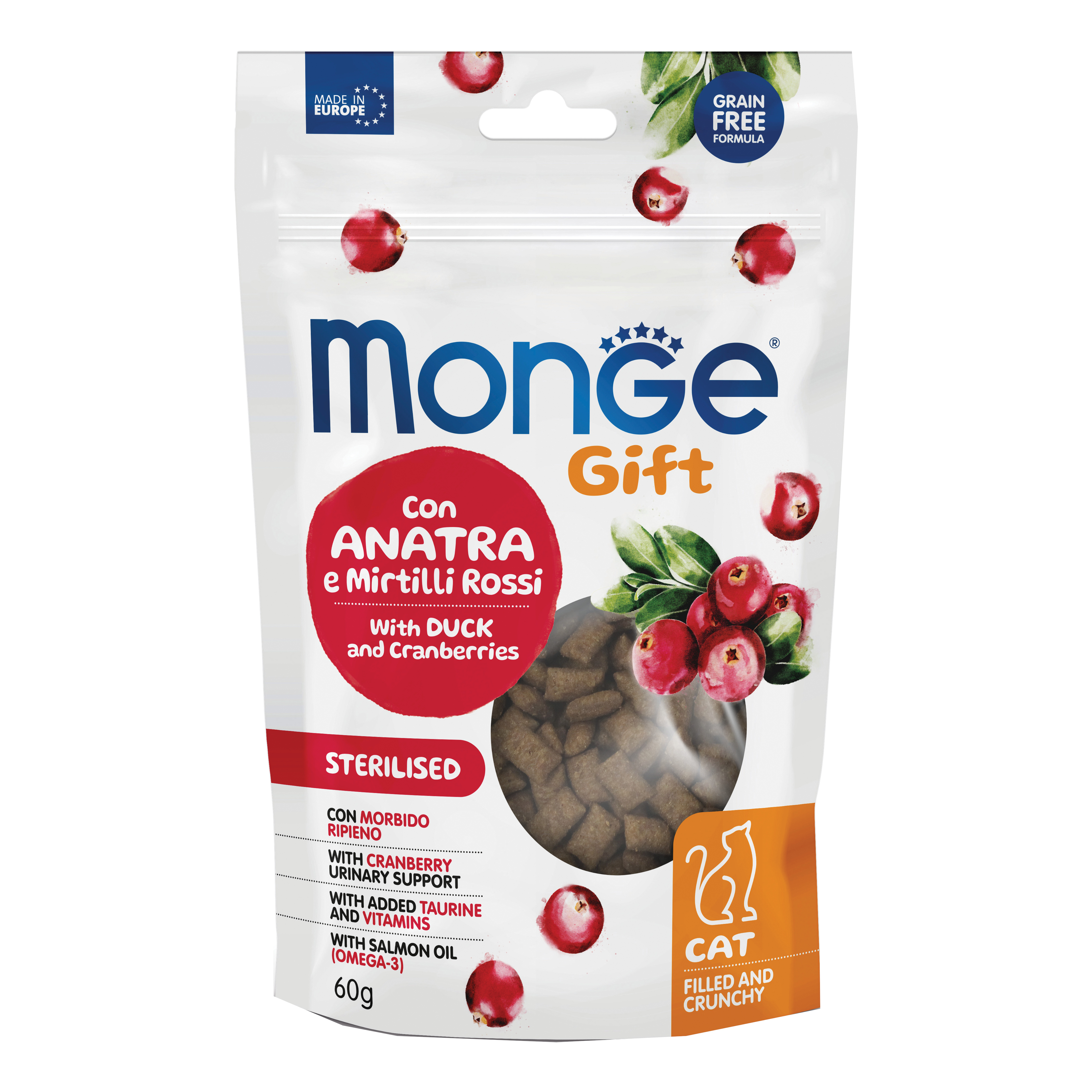 Monge cat filled and crunchy gift sterilsed con anatra e mirtilli rossi 60 g