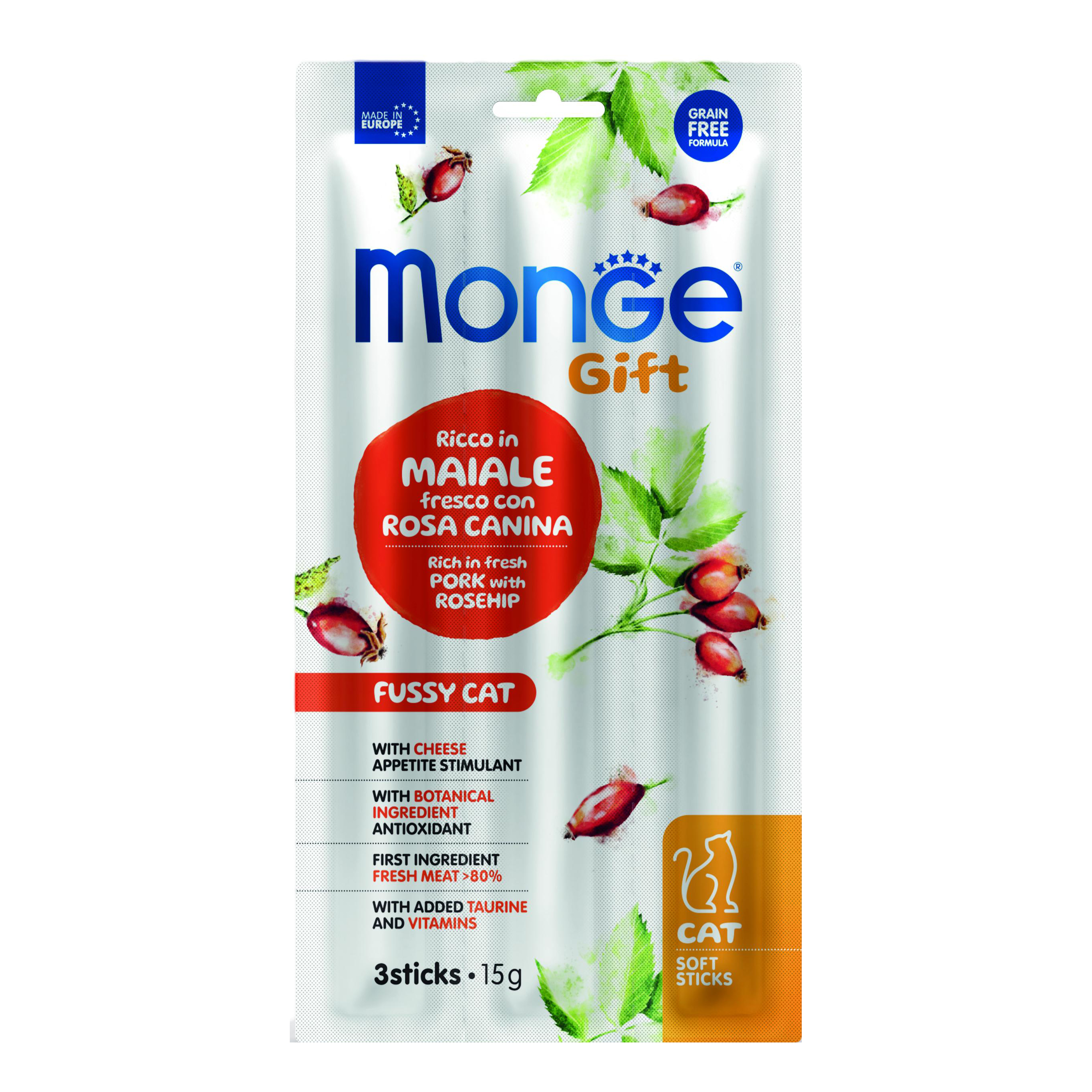 Monge cat soft sticks gift appetito difficile ricco in maiale fresco con rosa canina e formaggio 15 g