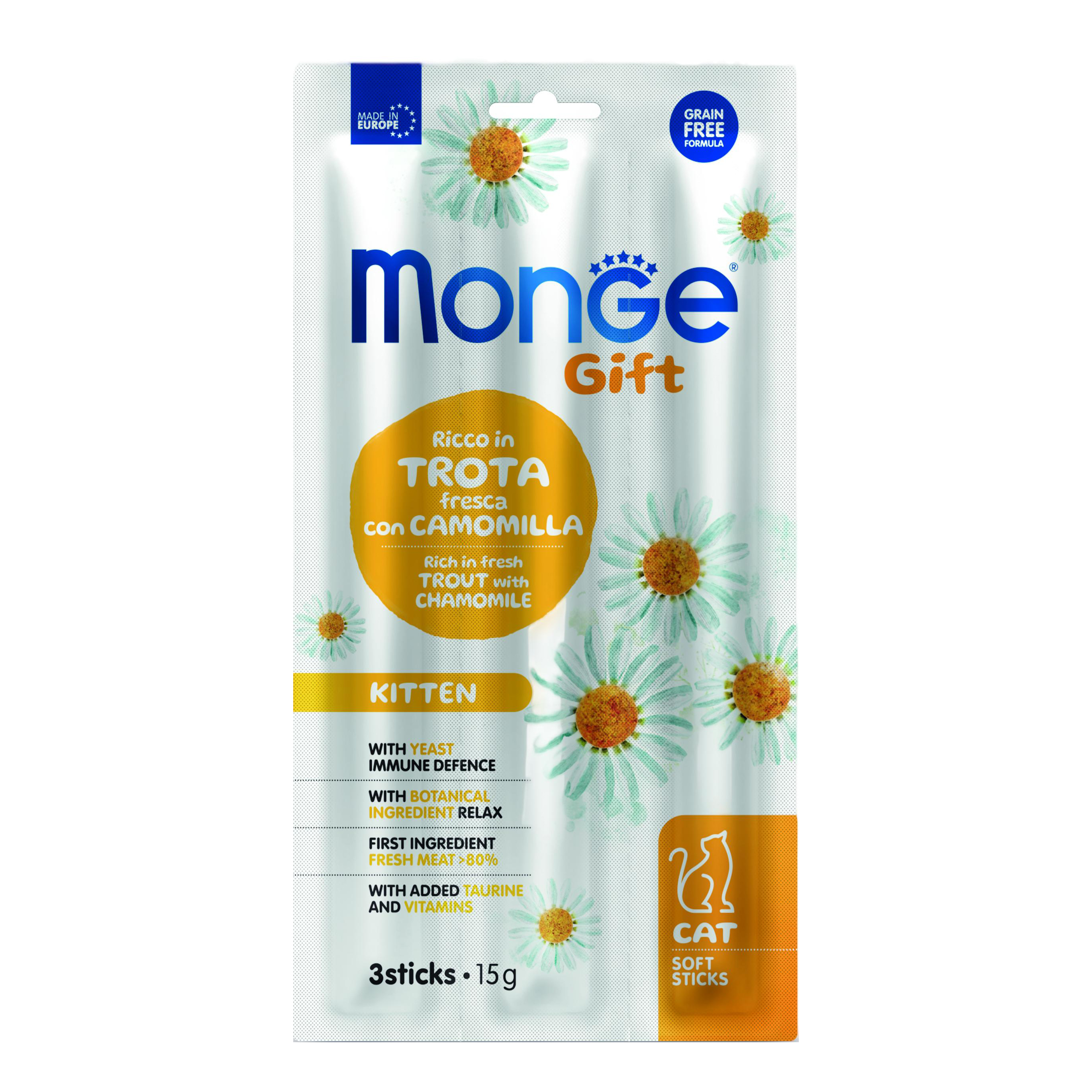 Monge cat soft sticks gift gattino ricco in trota fresca con camomilla 15 g
